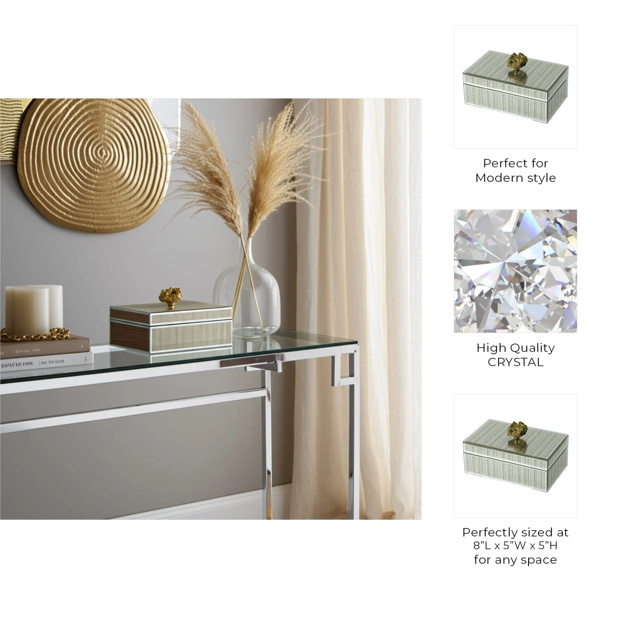 Glass, 8x5" Jewelry Box, Stone Top, Gold - Image 2