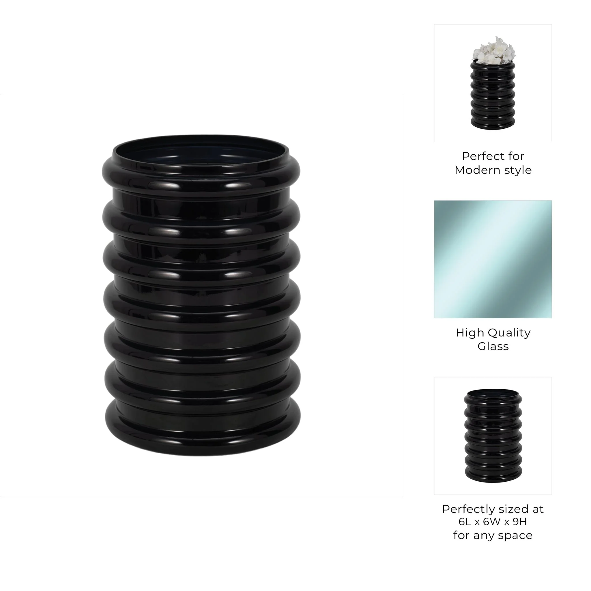 Glass, 9"h, Scallop Vase, Black - Image 9