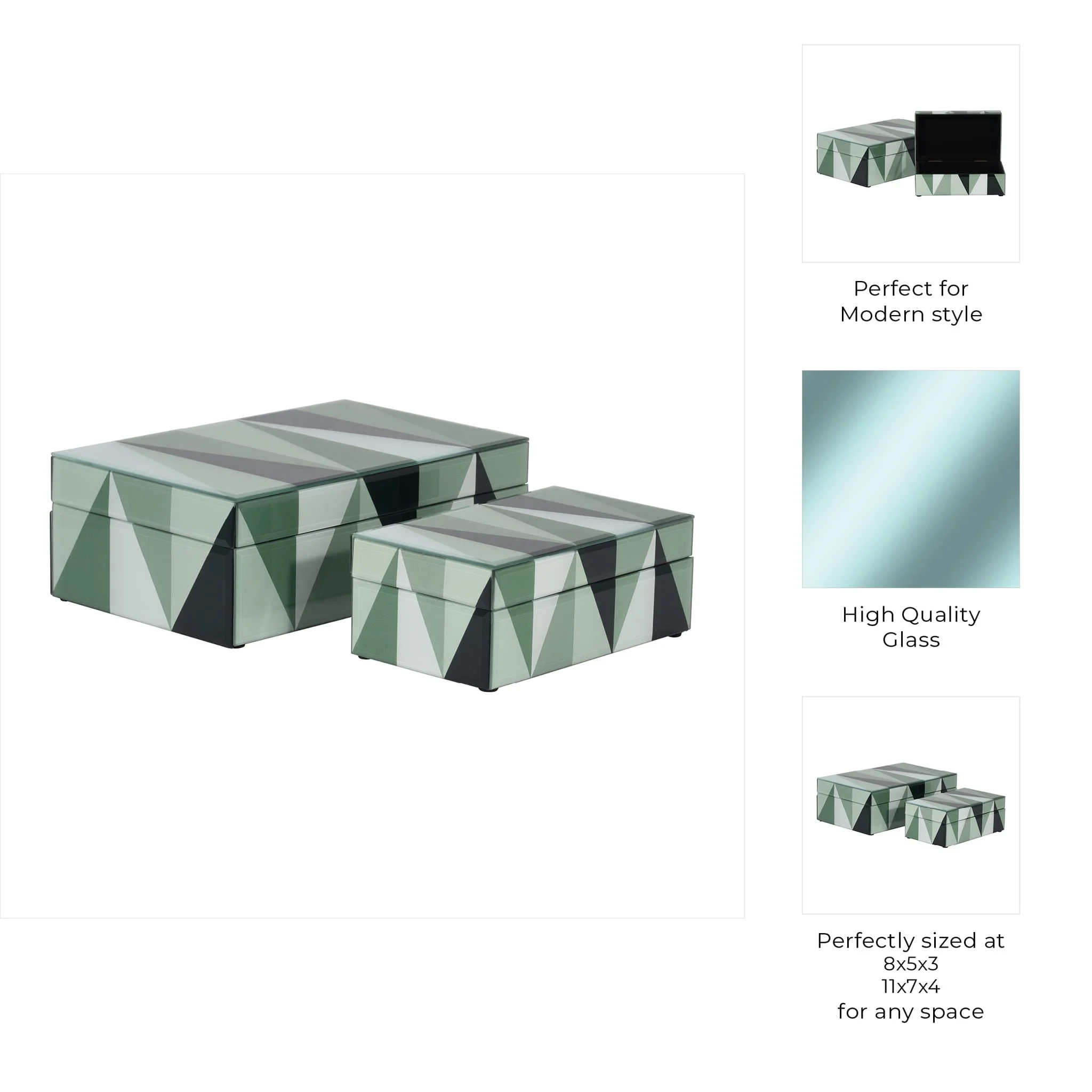Glass, S/2 8/11" Triangles Boxes, Green/white - Image 10