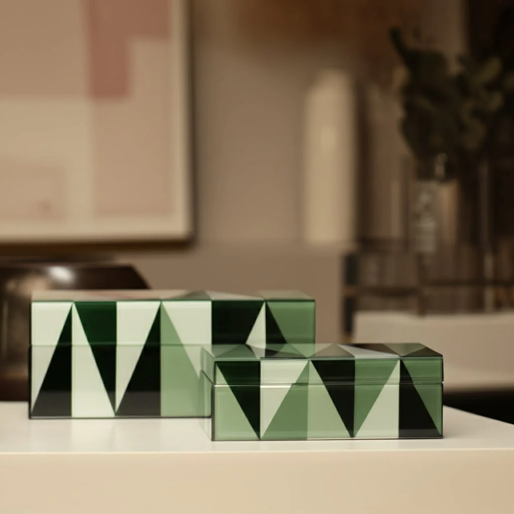 Glass, S/2 8/11" Triangles Boxes, Green/white - Image 13