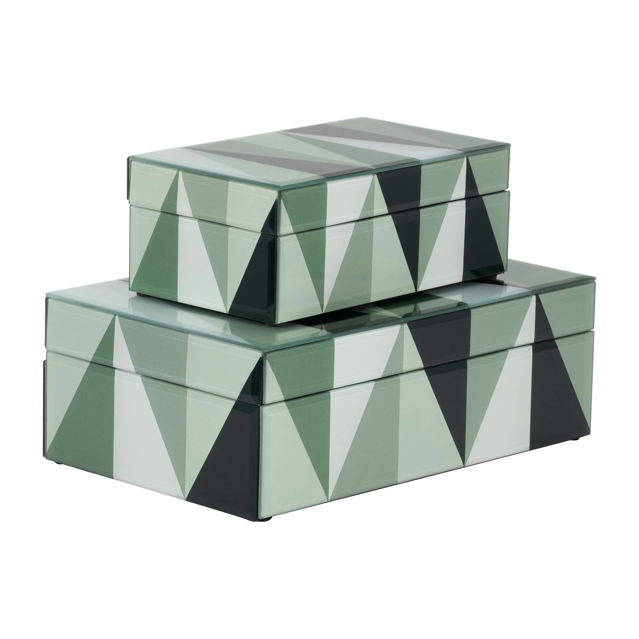 Glass, S/2 8/11" Triangles Boxes, Green/white - Image 6
