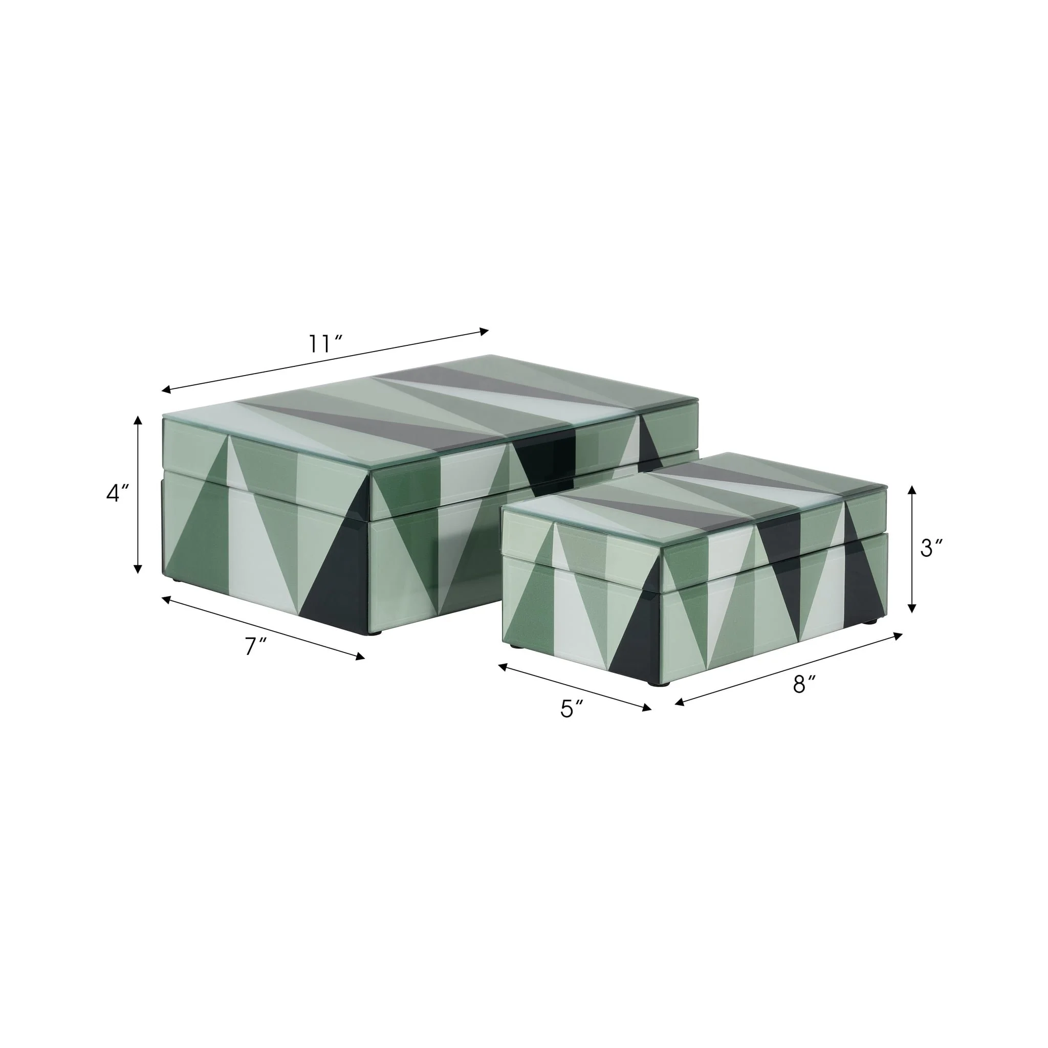 Glass, S/2 8/11" Triangles Boxes, Green/white - Image 9