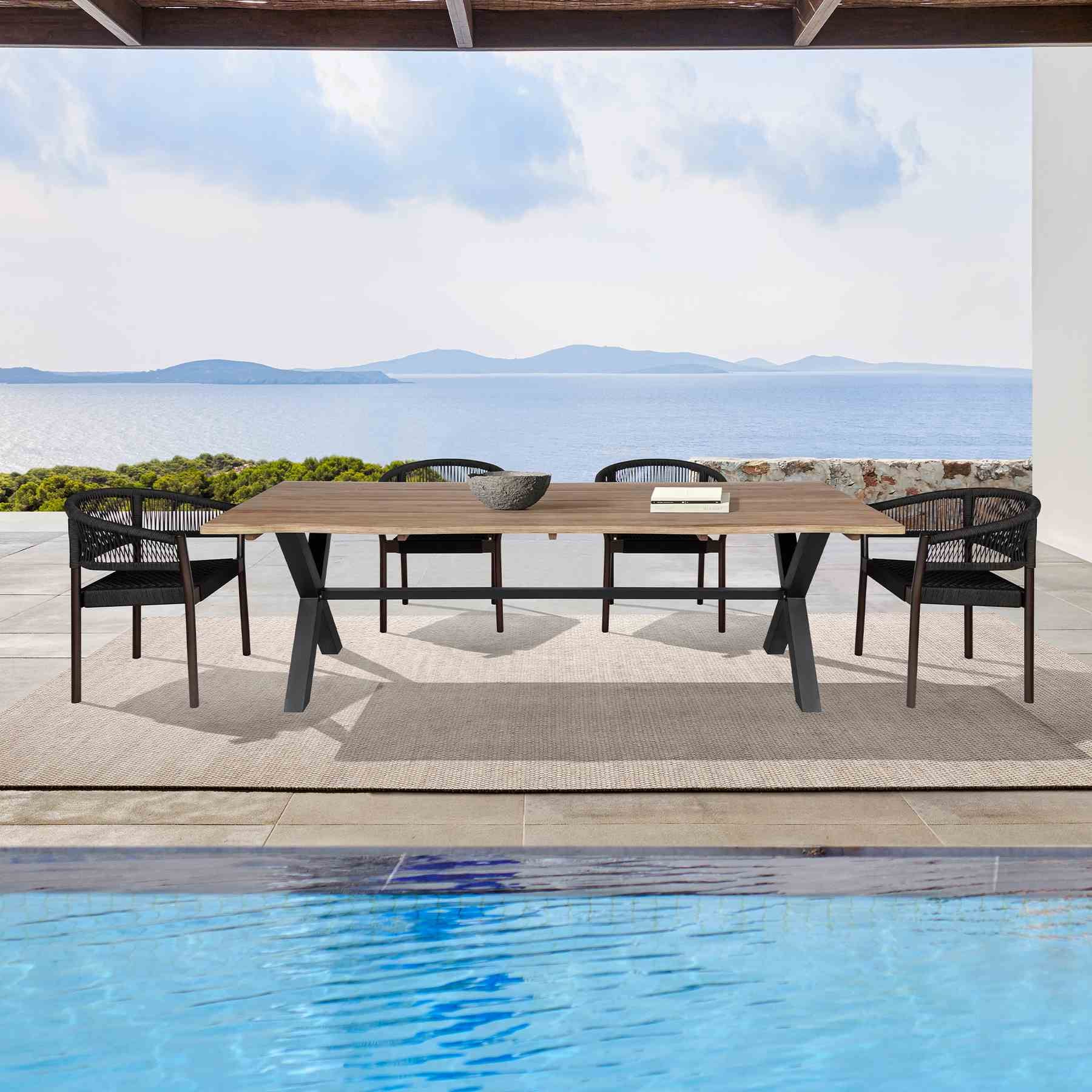 Glendora Doris Outdoor Patio 5 Piece Live Edge Dining Set in Eucalyptus Wood and Black Rope - Image 11
