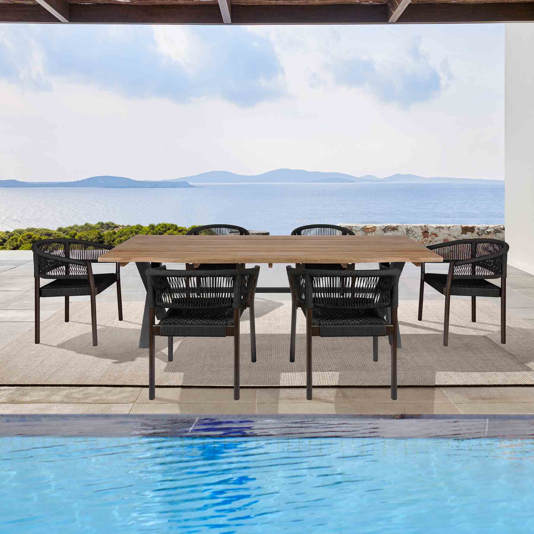 Glendora Doris Outdoor Patio 7 Piece Live Edge Dining Set in Eucalyptus Wood and Black Rope - Image 11