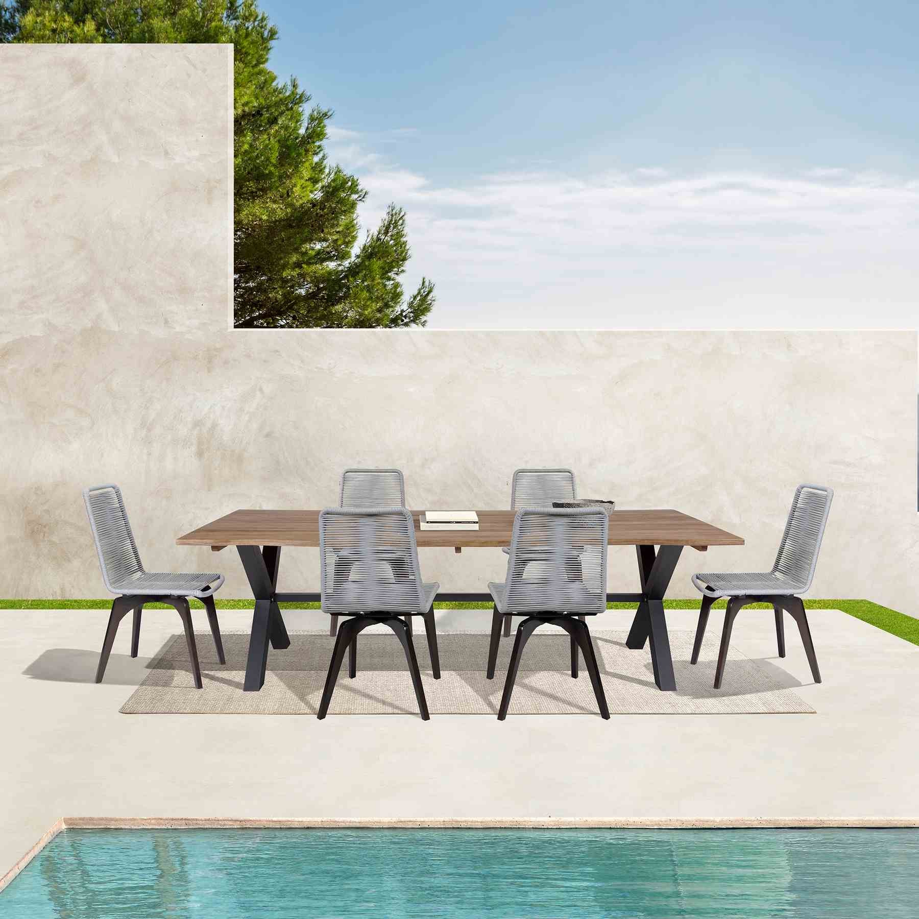 Glendora Island Outdoor Patio 7 Piece Live Edge Dining Set in Eucalyptus Wood and Silver Rope - Image 11