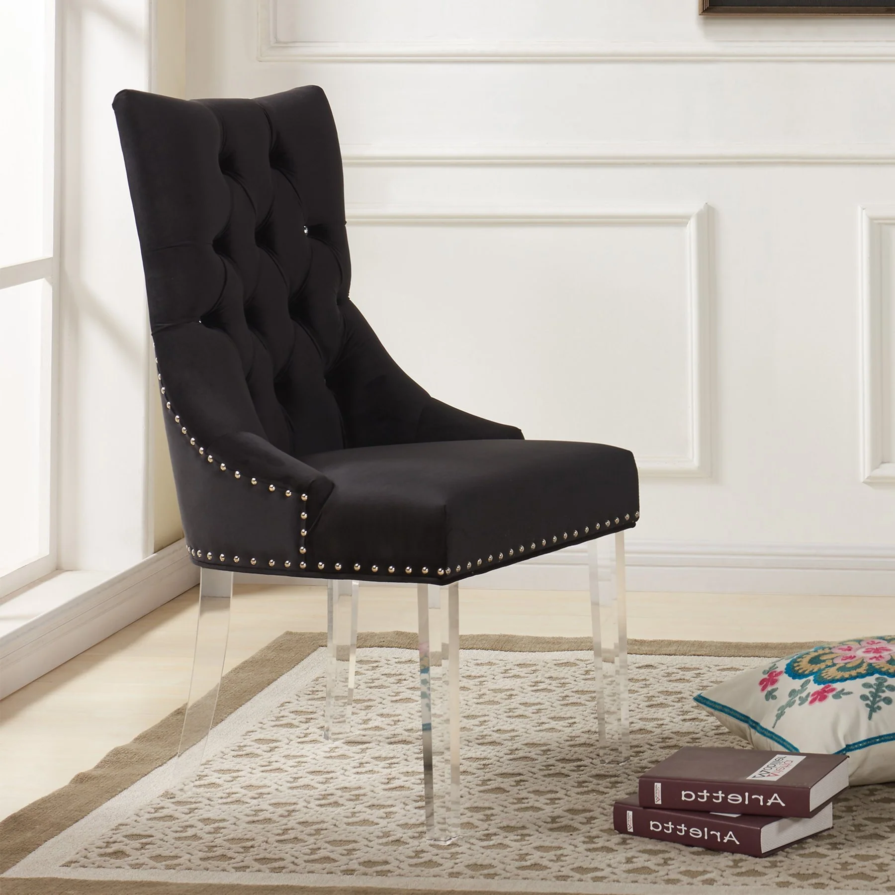 Gobi Modern and Contemporary Tufted Dining Chair in Black Velvet with Acrylic Legs - Image 2