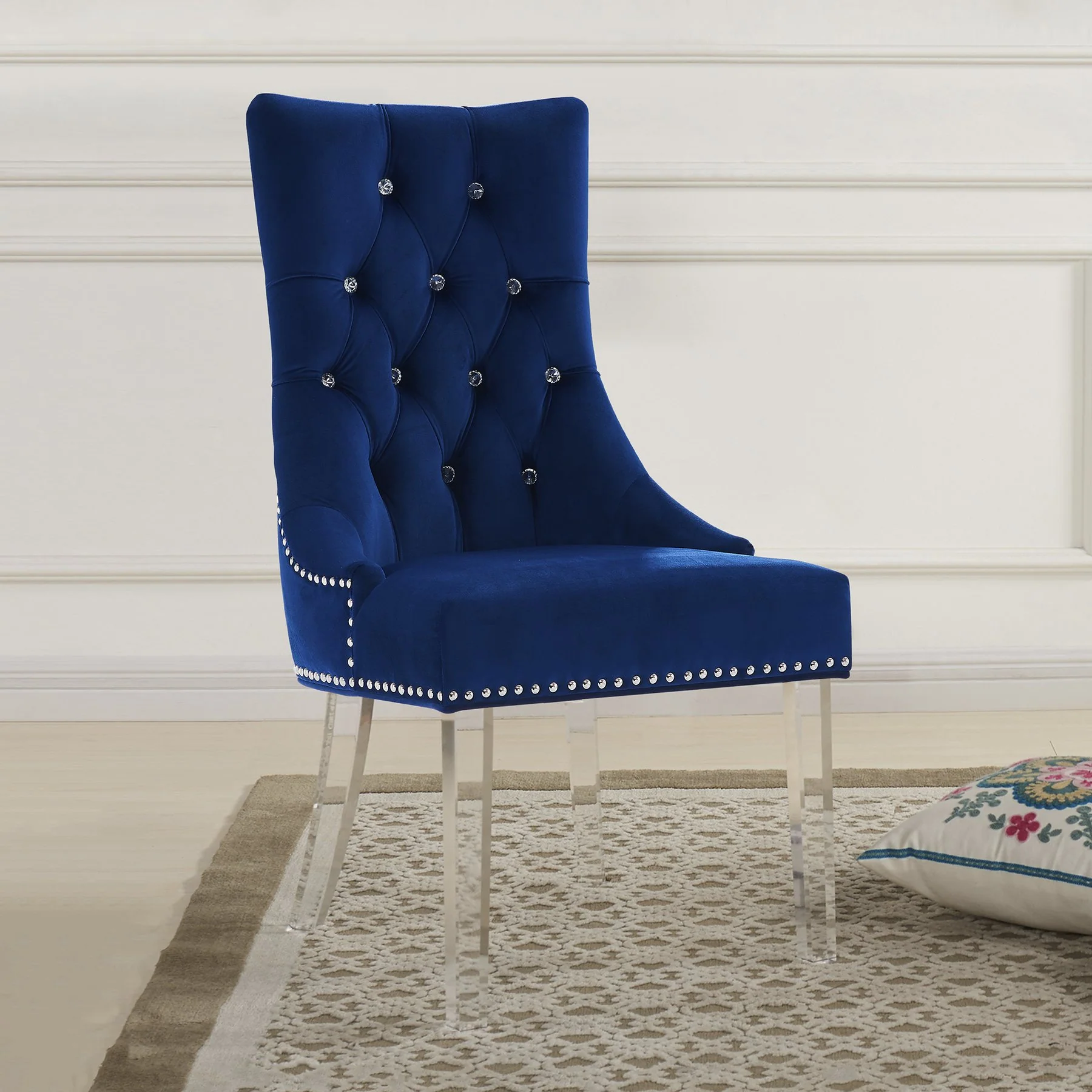 Gobi Modern and Contemporary Tufted Dining Chair in Blue Velvet with Acrylic Legs - Image 4