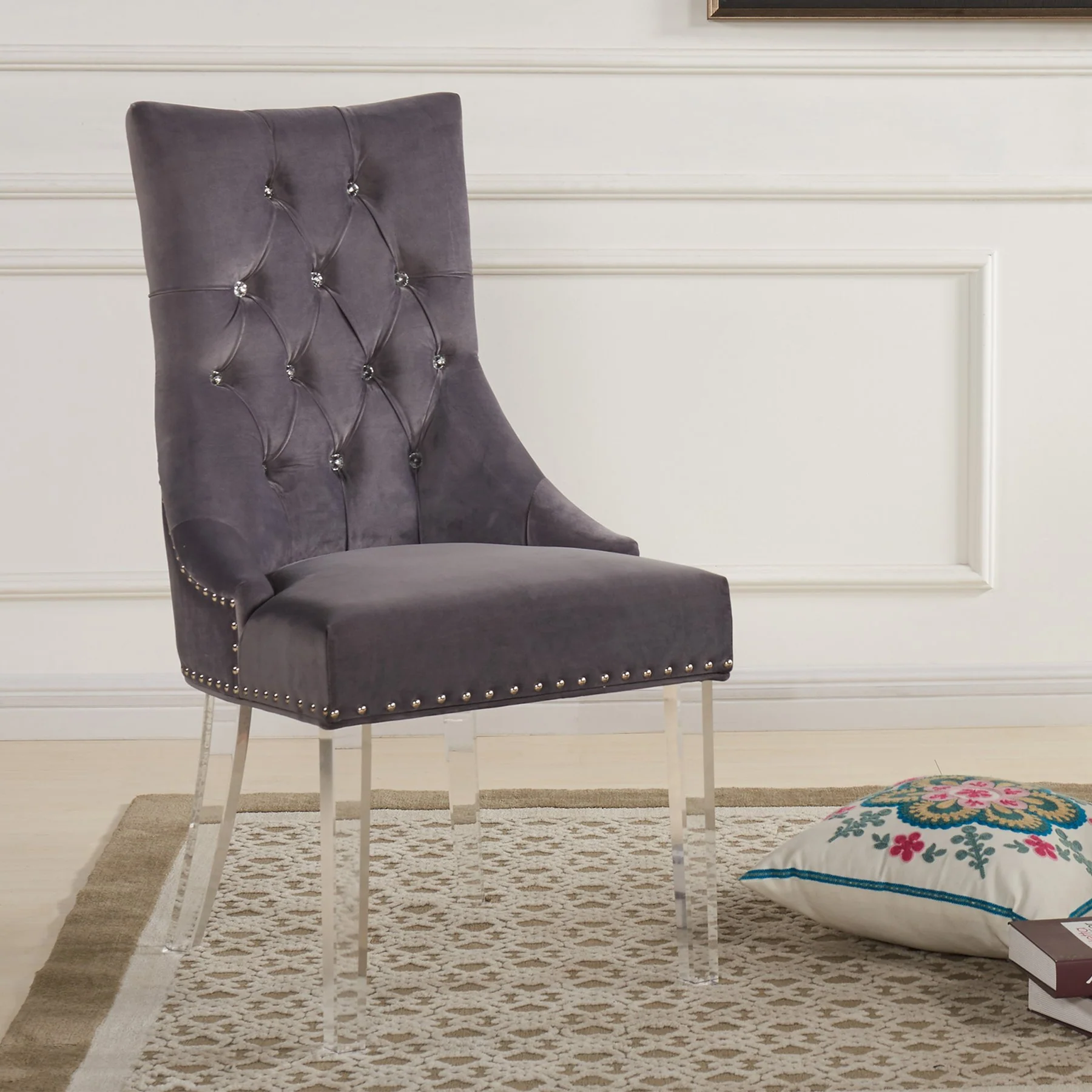 Gobi Modern and Contemporary Tufted Dining Chair in Gray Velvet with Acrylic Legs - Image 2