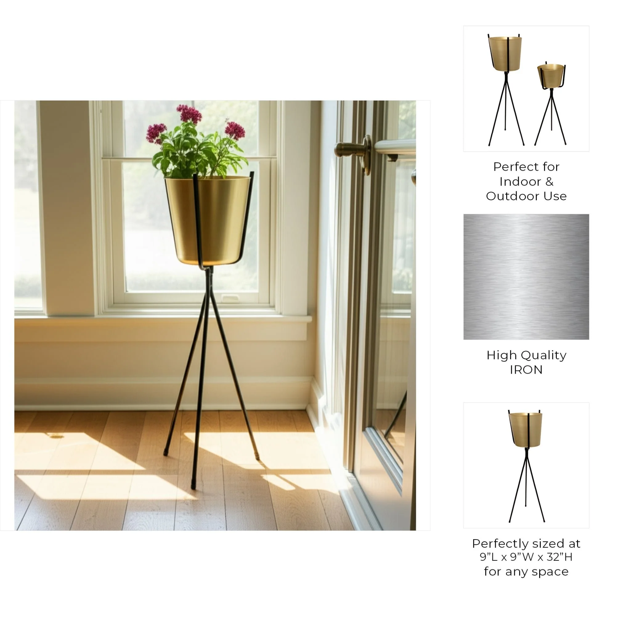 Gold Metal Planter, Black Tripod 31.5 - Image 3