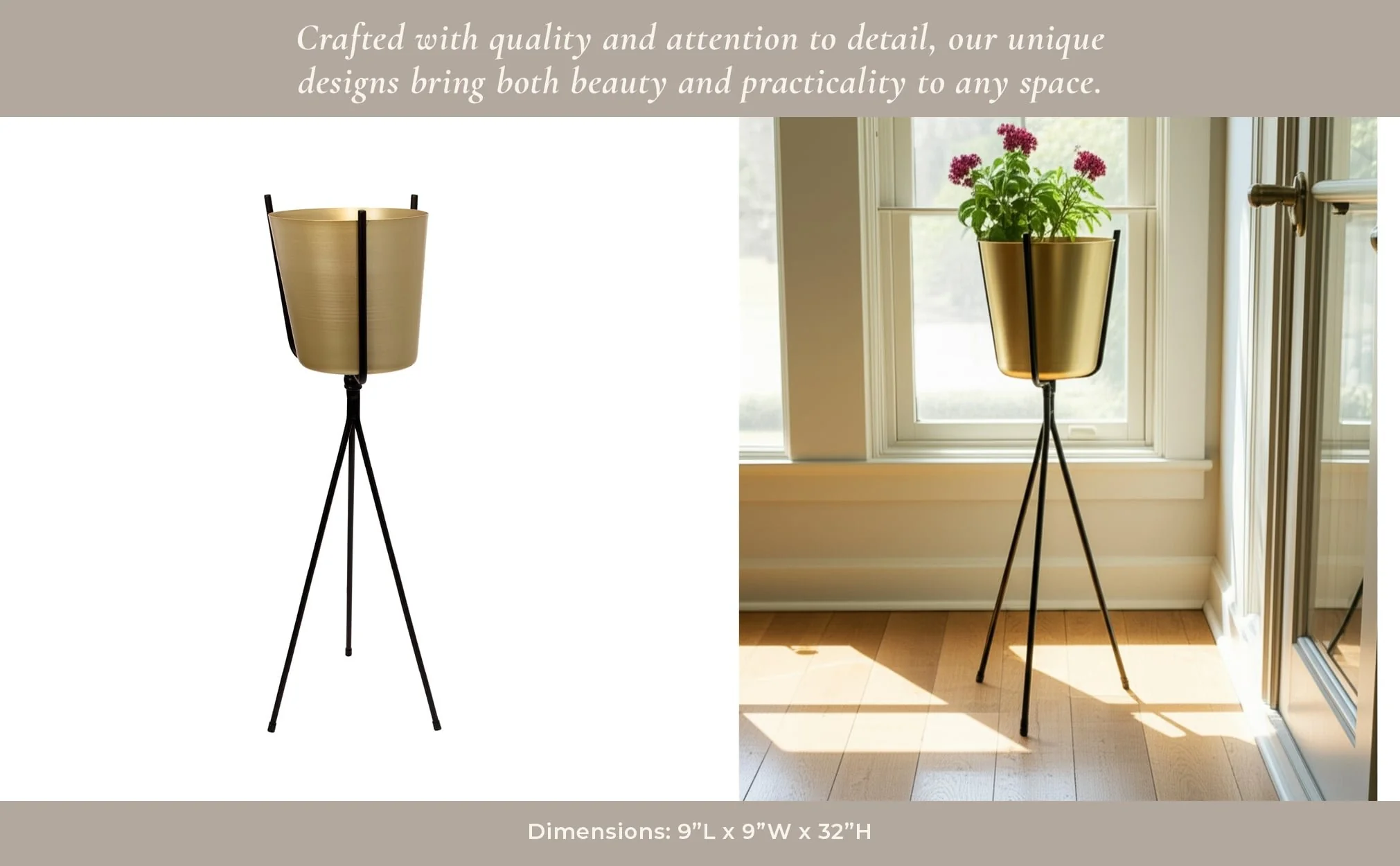 Gold Metal Planter, Black Tripod 31.5 - Image 6