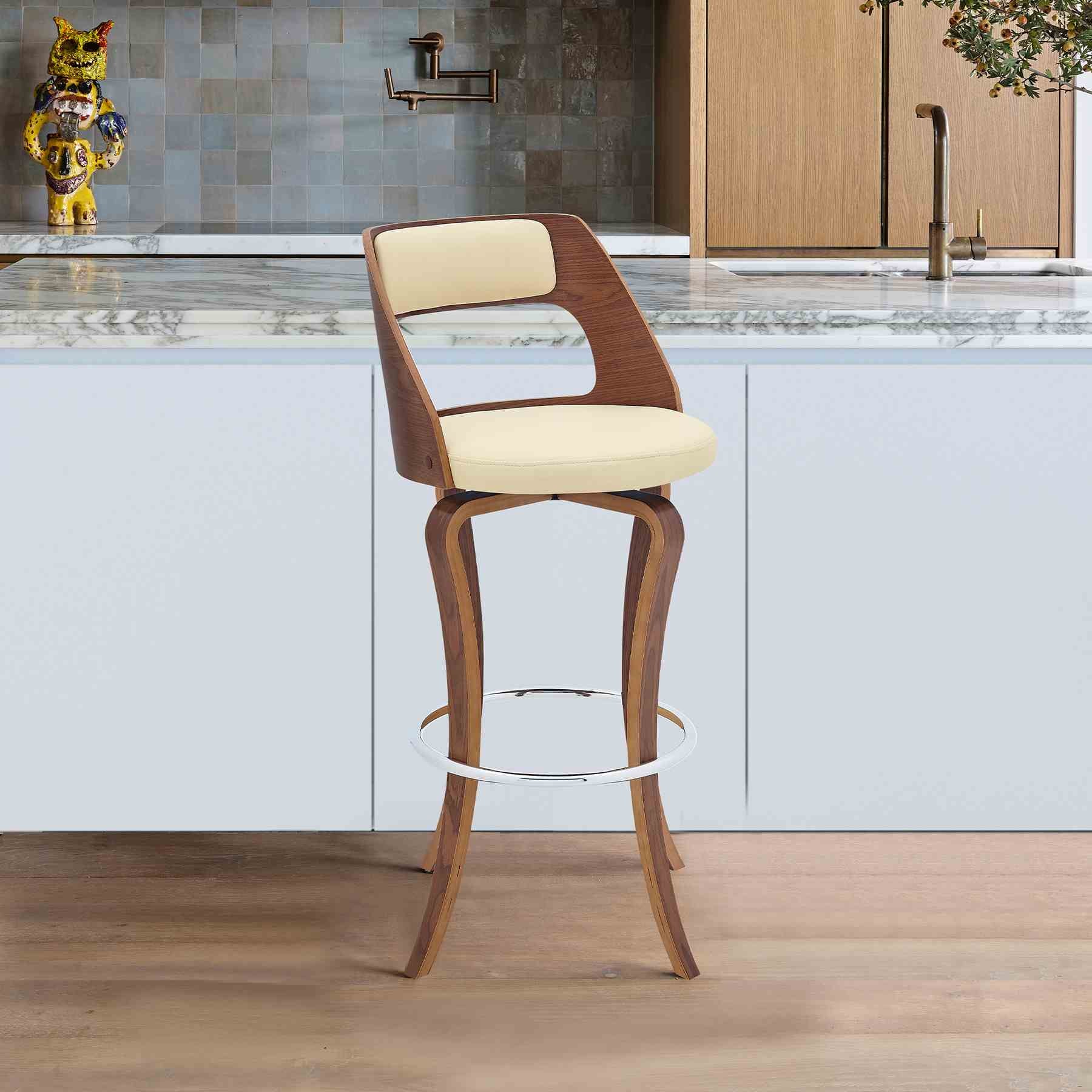 Grady 29" Swivel Cream Faux Leather and Walnut Wood Bar Stool - Image 8