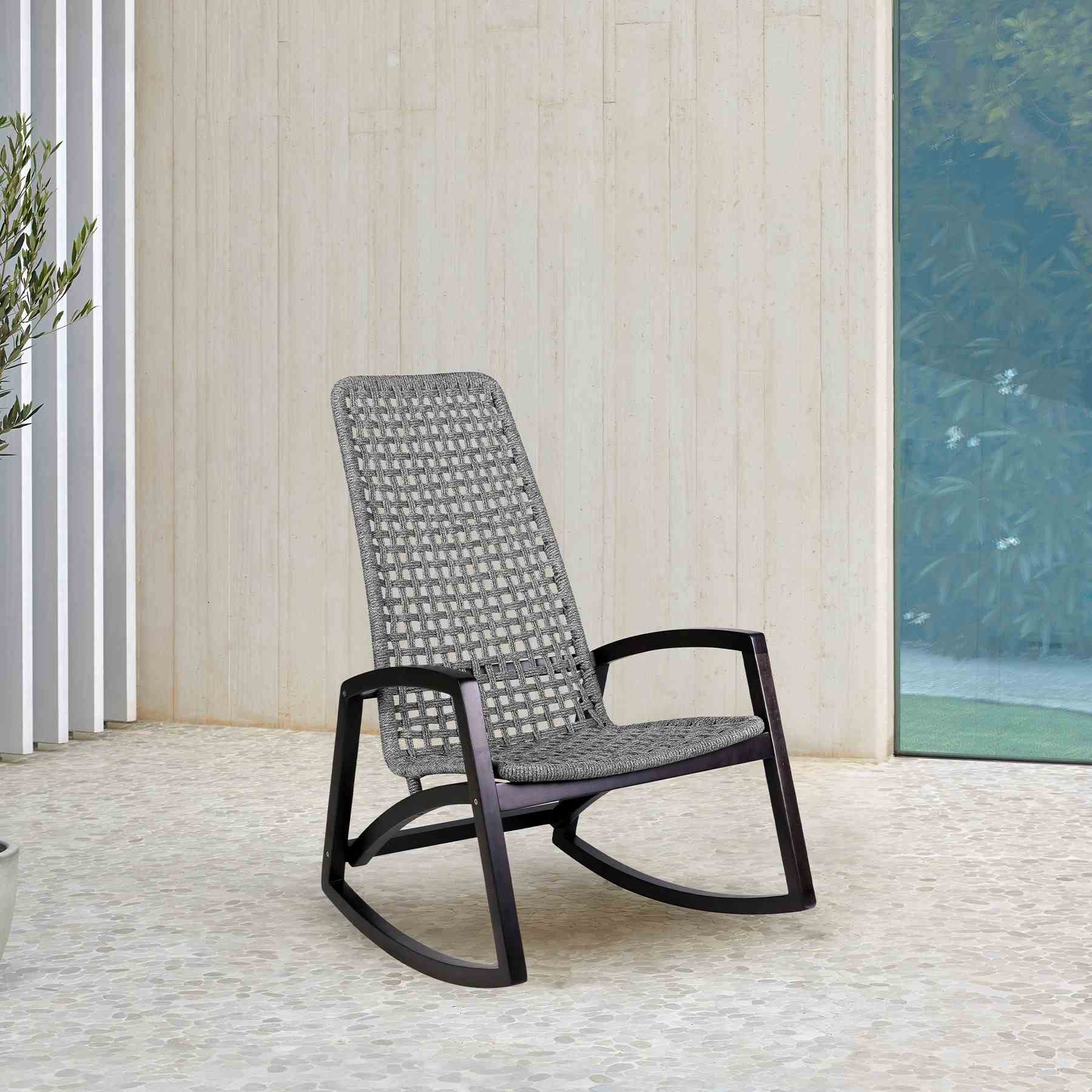 Griffin Outdoor Patio Rocking Chair in Dark Eucalyptus Wood and Gray Rope - Image 12