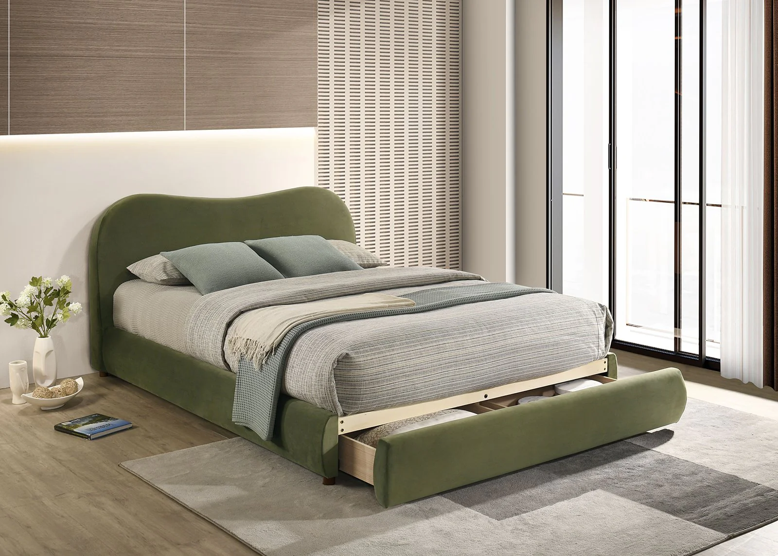 Grimsby E.King Bed, Olive Green Velvet - Image 2