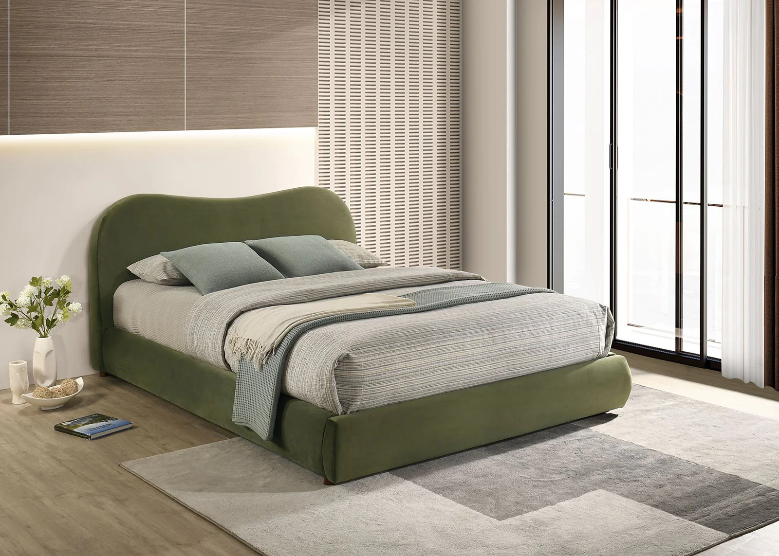 Grimsby Queen Bed, Olive Green Velvet - Image 3