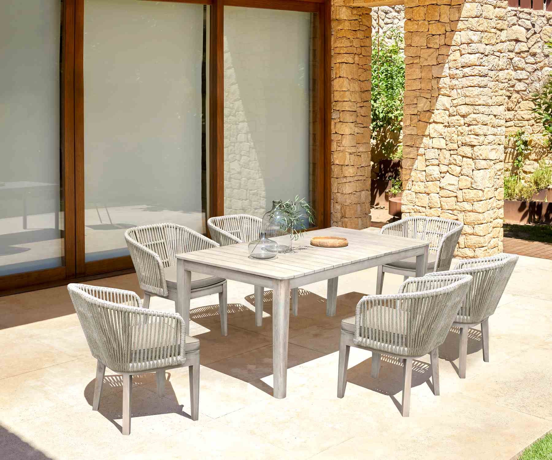 Haiti 7-Piece Patio Outdoor Dining Set with Arm Chairs in Gray Acacia Wood with Rope - Image 10