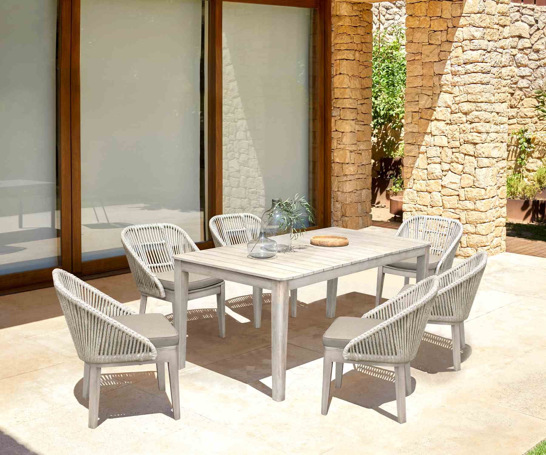 Haiti Outdoor Patio 7-Piece Dining Table Set with Side Chairs in Gray Acacia Wood and Rope - Image 10