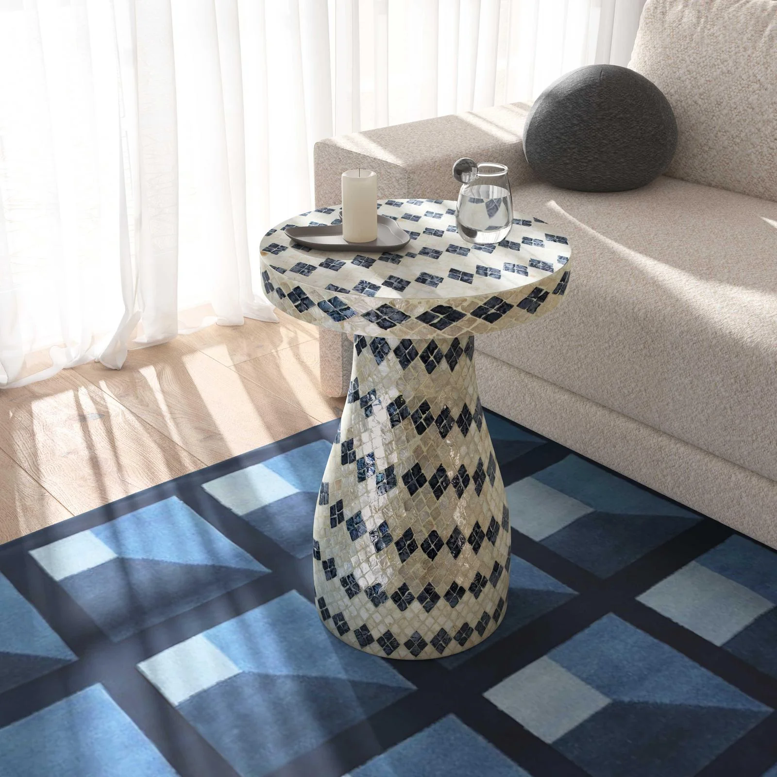 Halio Cream & Blue Checkered Shell Side Table - Image 2