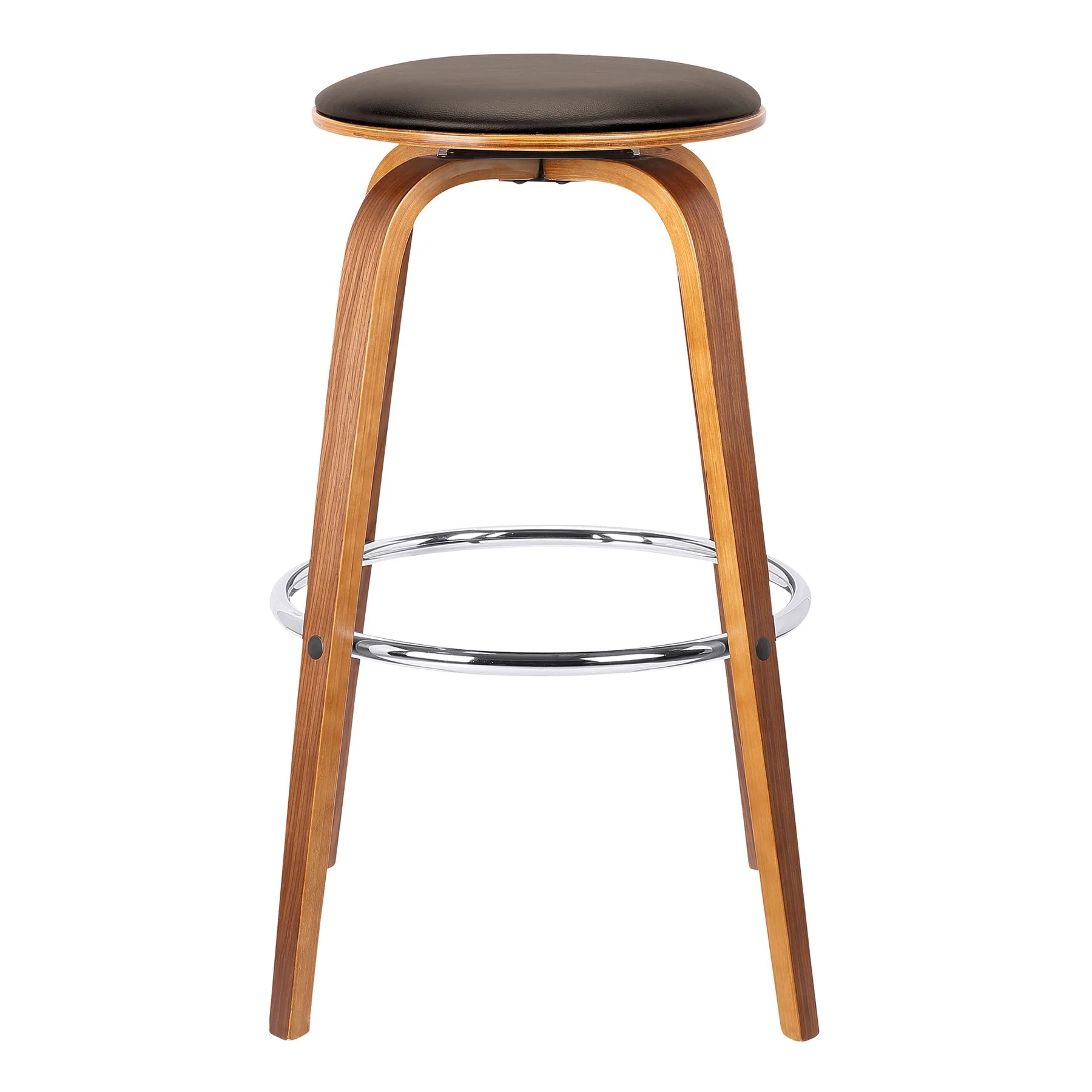 Harbor 26" Counter Height Backless Swivel Brown Faux Leather and Walnut Wood Mid-Century Modern Bar Stool - Image 2