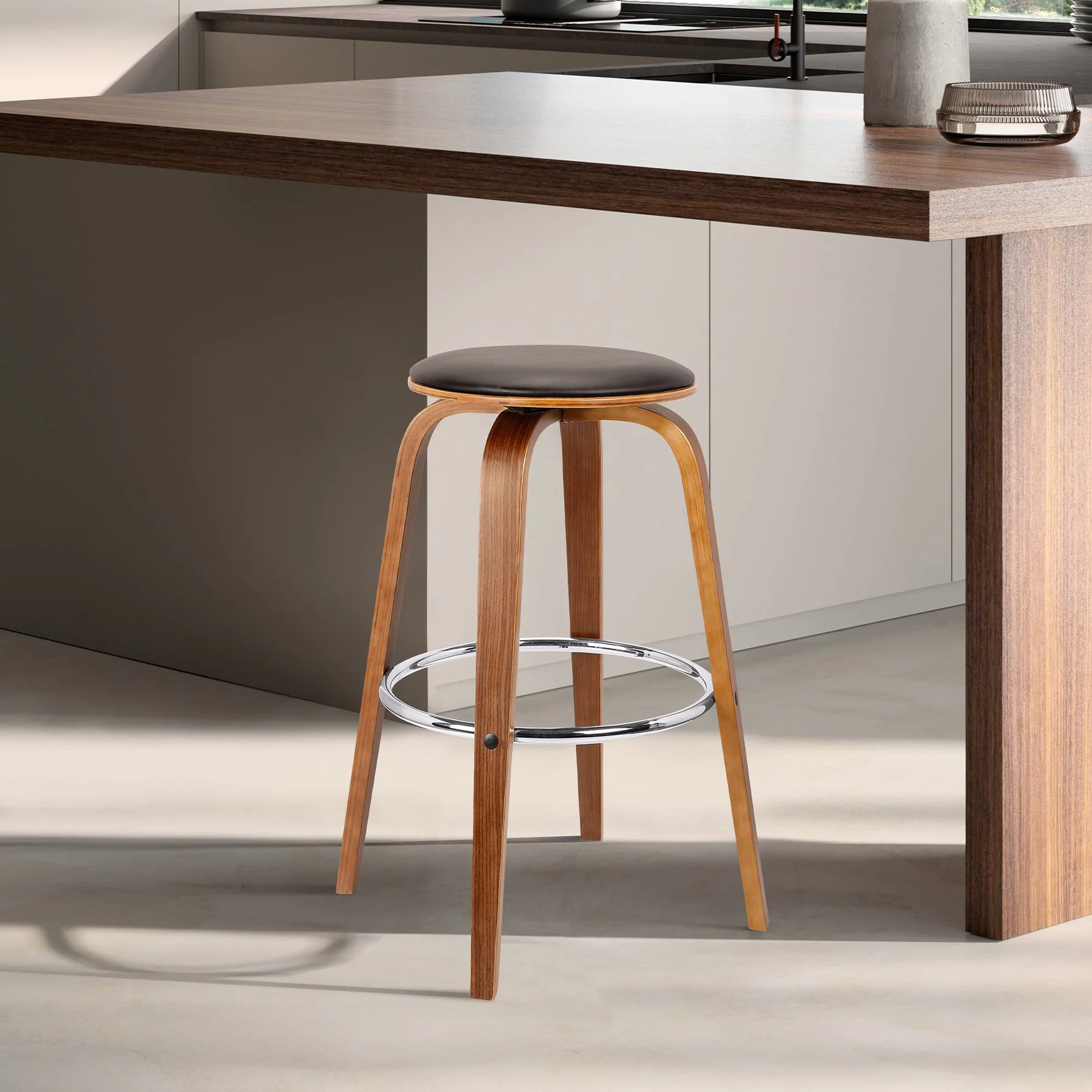 Harbor 26" Counter Height Backless Swivel Brown Faux Leather and Walnut Wood Mid-Century Modern Bar Stool - Image 7