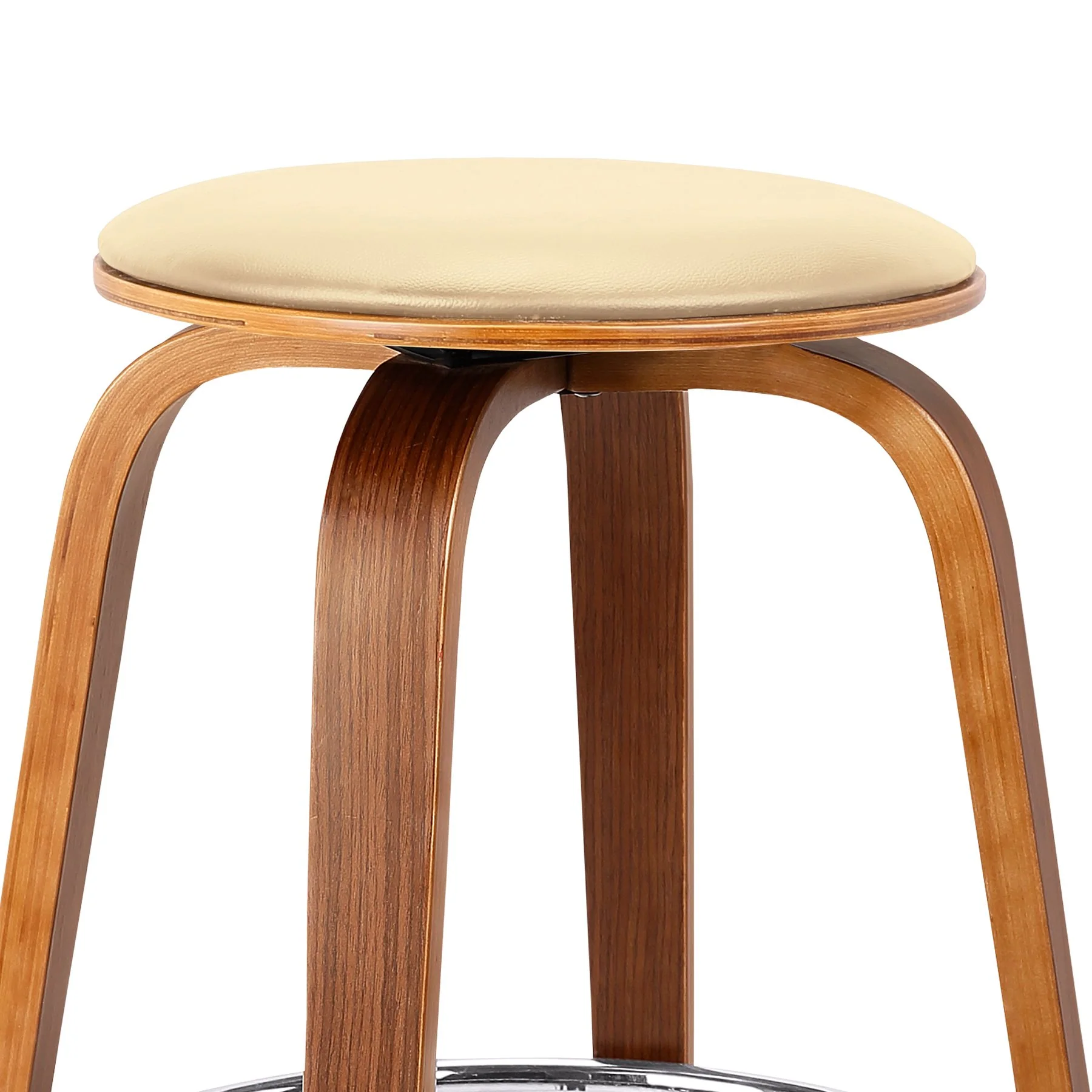 Harbor 26" Counter Height Backless Swivel Cream Faux Leather and Walnut Wood Mid-Century Modern Bar Stool - Image 3