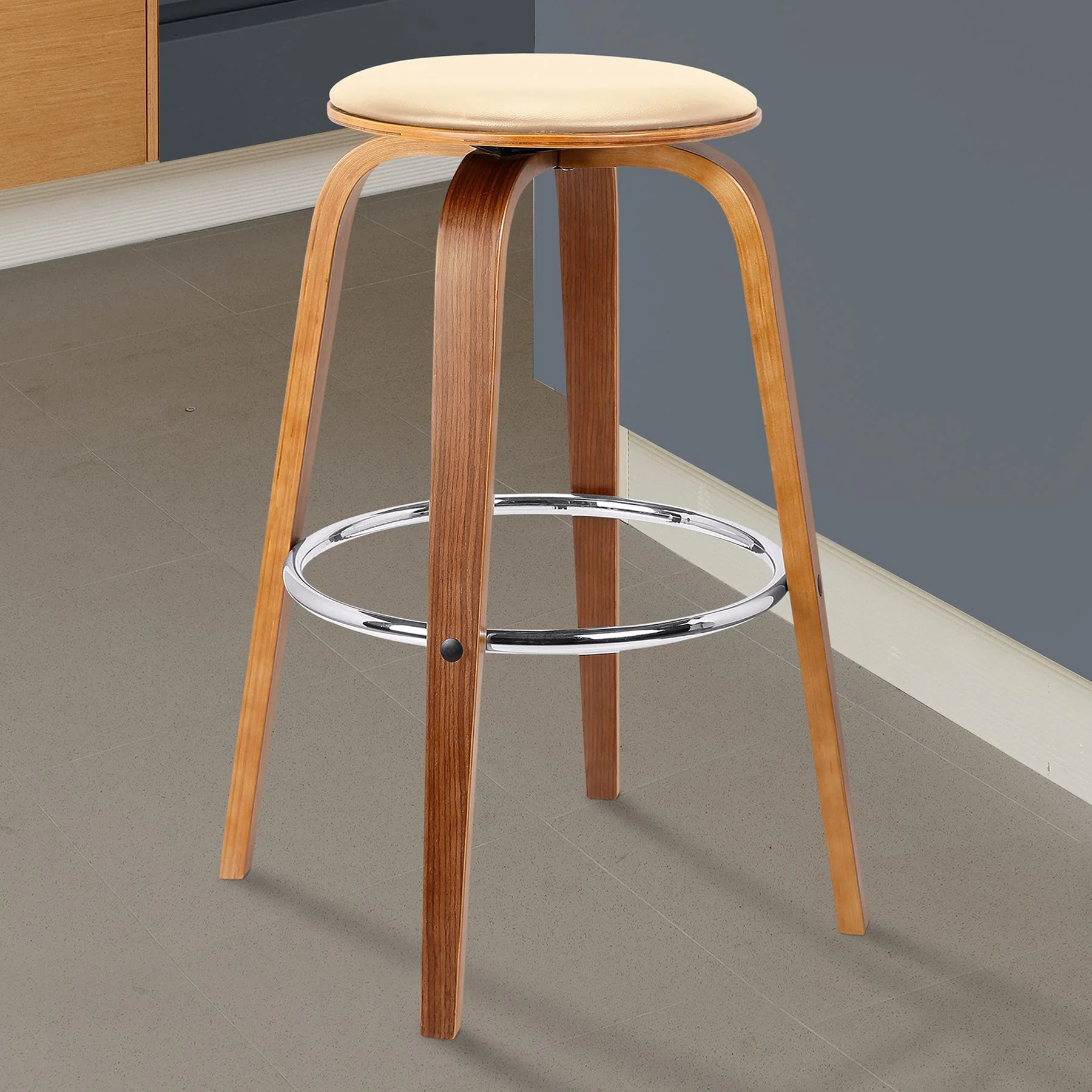Harbor 30" Bar Height Backless Swivel Cream Faux Leather and Walnut Wood Mid-Century Modern Bar Stool - Image 5