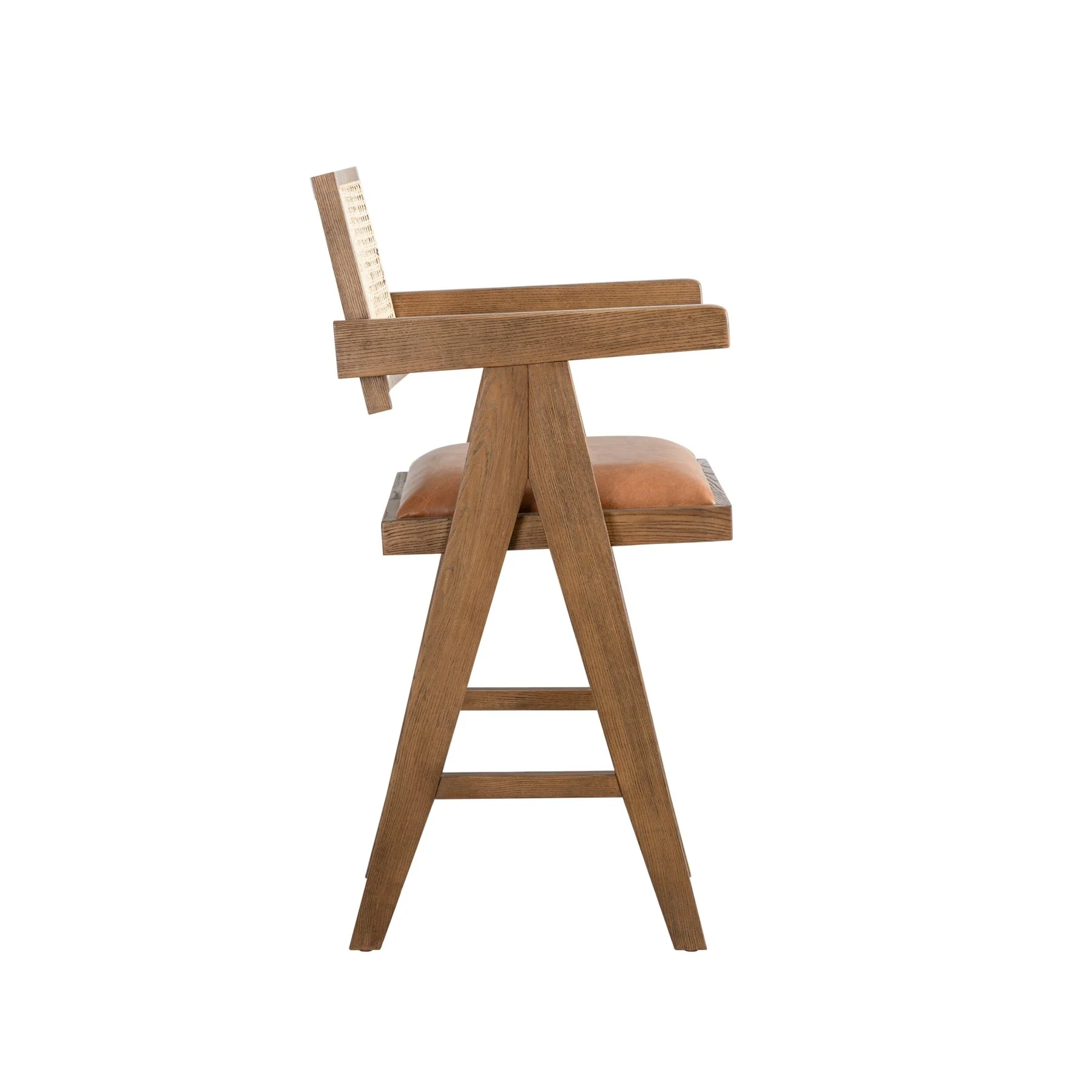 Harley Nutmeg Brown Solid Wood and Rattan Upholstered 26" Counter Height Barstool with Red/Brown Faux Leather Seat - Image 3