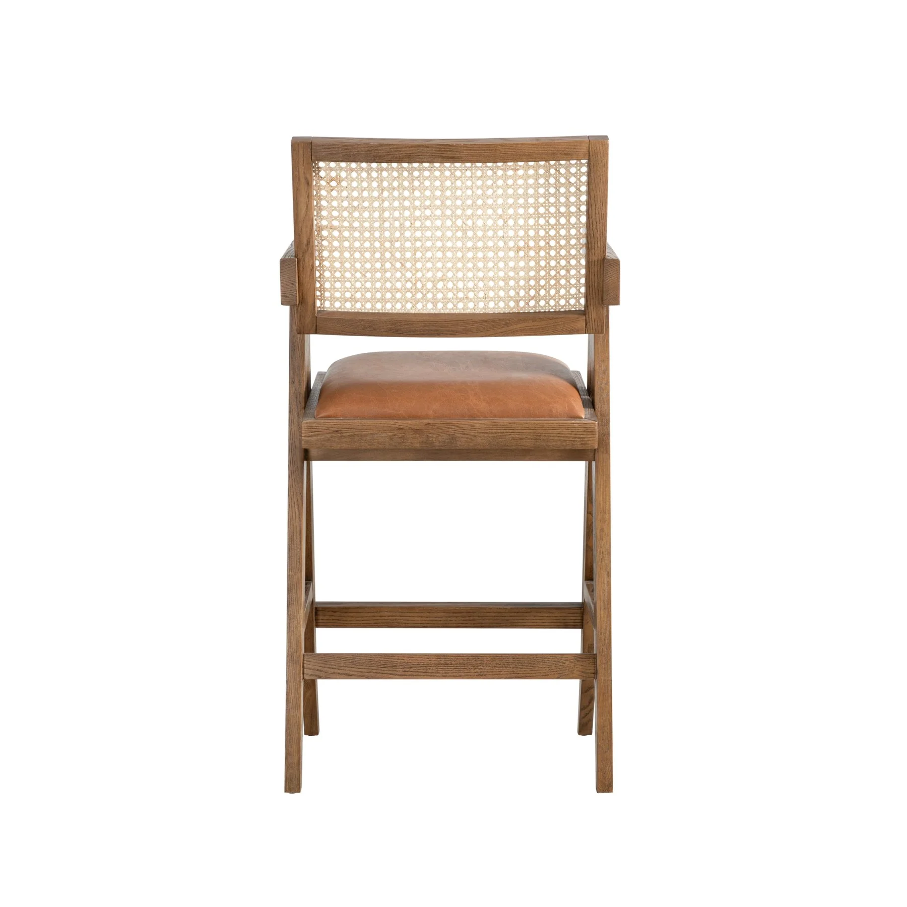 Harley Nutmeg Brown Solid Wood and Rattan Upholstered 26" Counter Height Barstool with Red/Brown Faux Leather Seat - Image 4