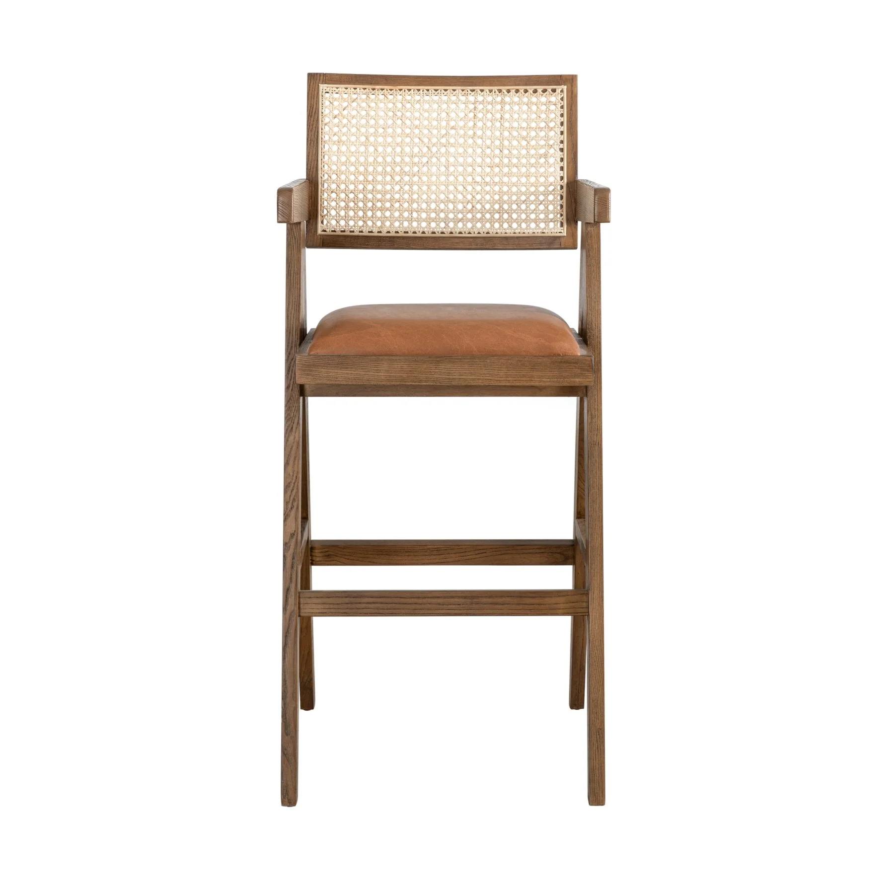 Harley Nutmeg Brown Solid Wood and Rattan Upholstered 30" Bar Height Barstool with Red/Brown Faux Leather Seat - Image 2
