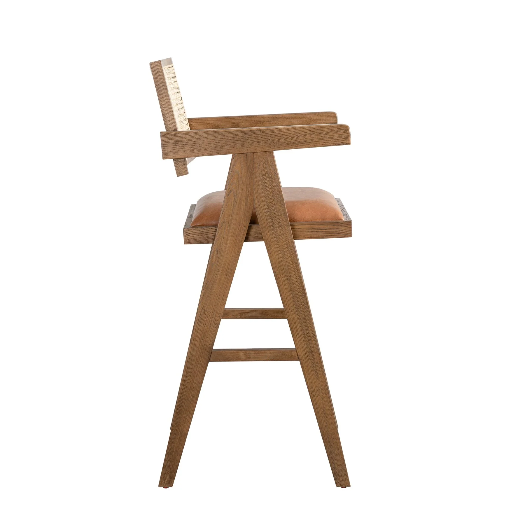 Harley Nutmeg Brown Solid Wood and Rattan Upholstered 30" Bar Height Barstool with Red/Brown Faux Leather Seat - Image 3