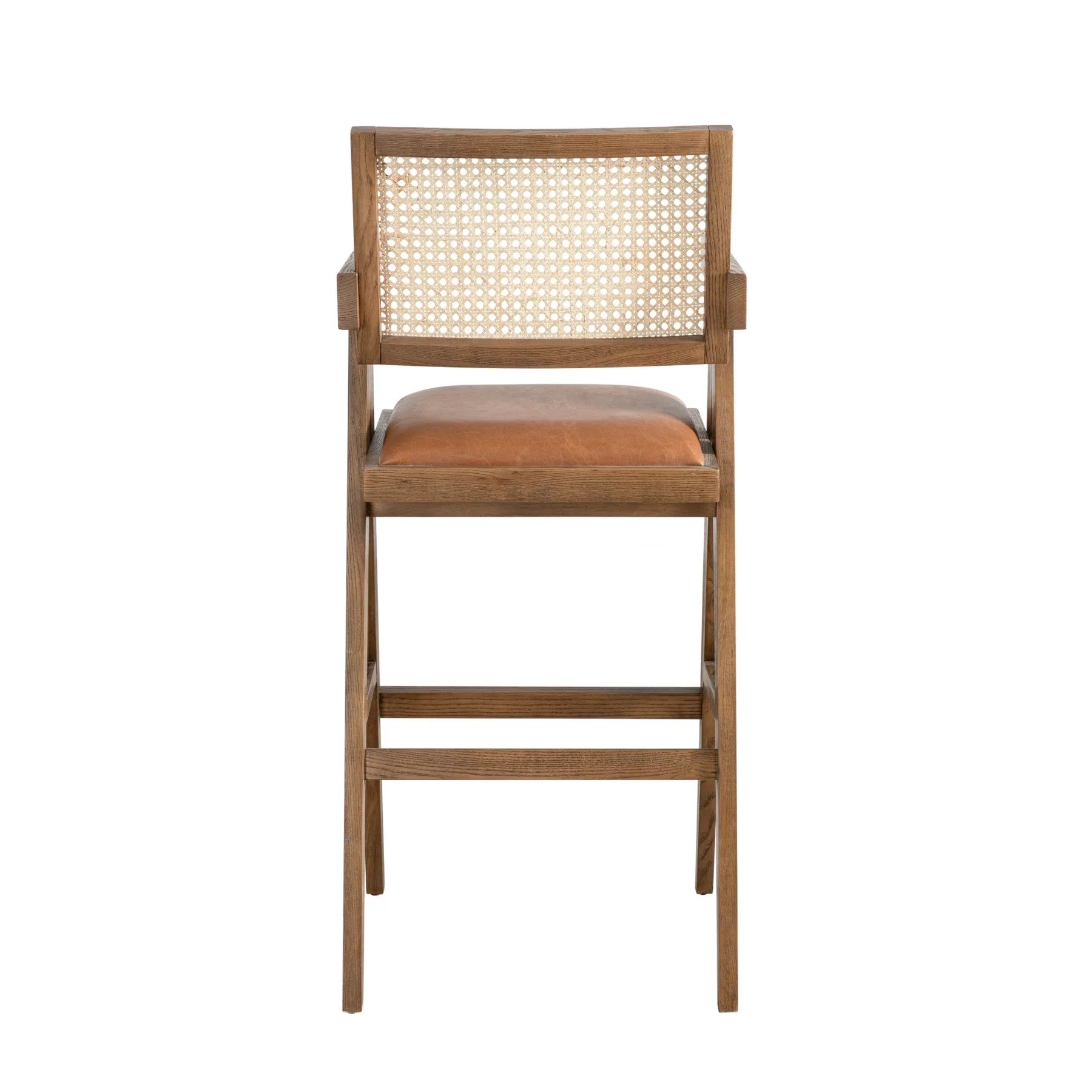 Harley Nutmeg Brown Solid Wood and Rattan Upholstered 30" Bar Height Barstool with Red/Brown Faux Leather Seat - Image 5