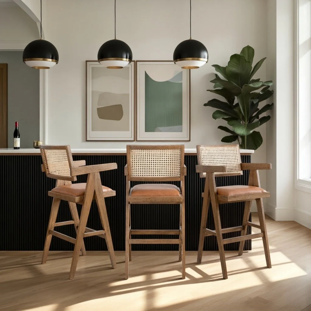 Harley Nutmeg Brown Solid Wood and Rattan Upholstered 30" Bar Height Barstool with Red/Brown Faux Leather Seat - Image 8