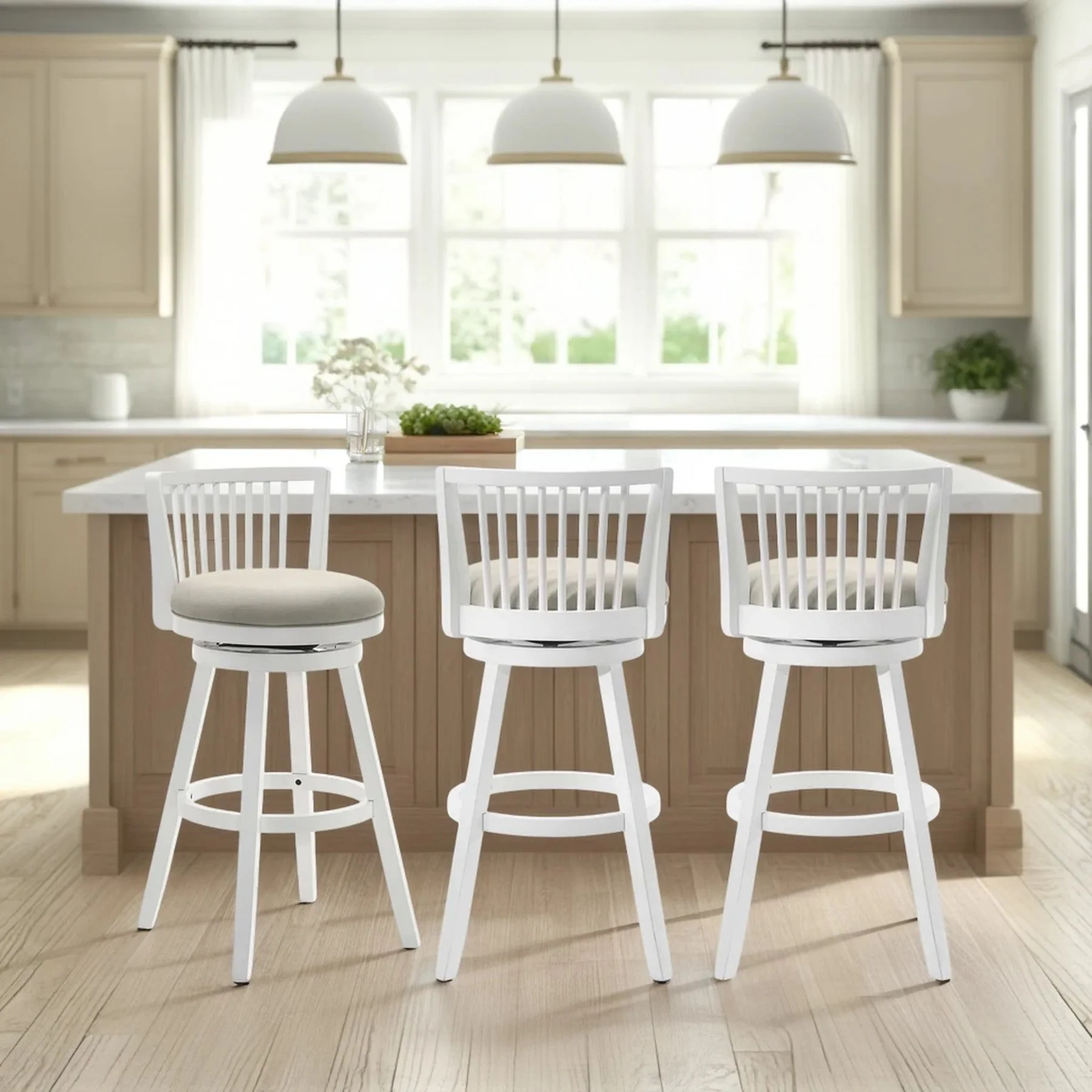 Harper 26 in. Matte White Counter Height Rubberwood Swivel Barstool with Fog Fabric Seat - Image 11