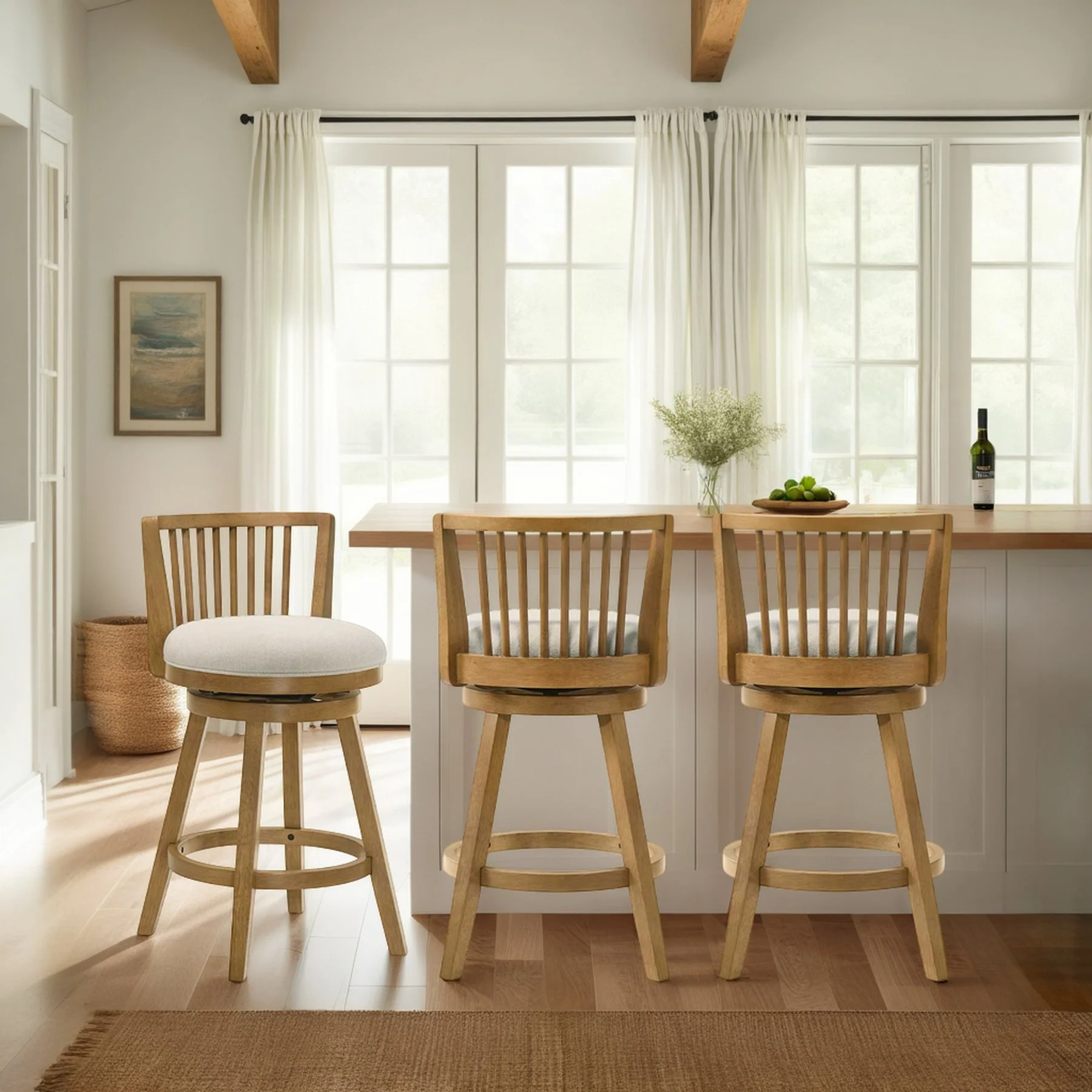 Harper 30 in. Amber Glow Bar Height Rubberwood Swivel Barstool with Ivory Fabric Seat - Image 11