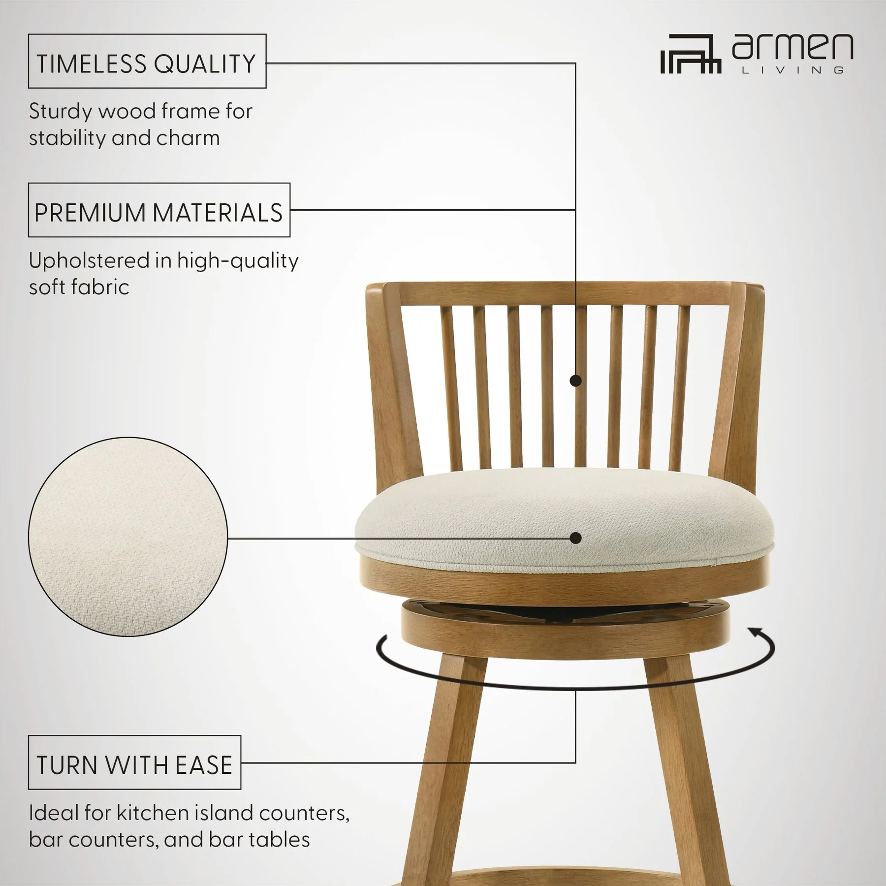 Harper 30 in. Amber Glow Bar Height Rubberwood Swivel Barstool with Ivory Fabric Seat - Image 12
