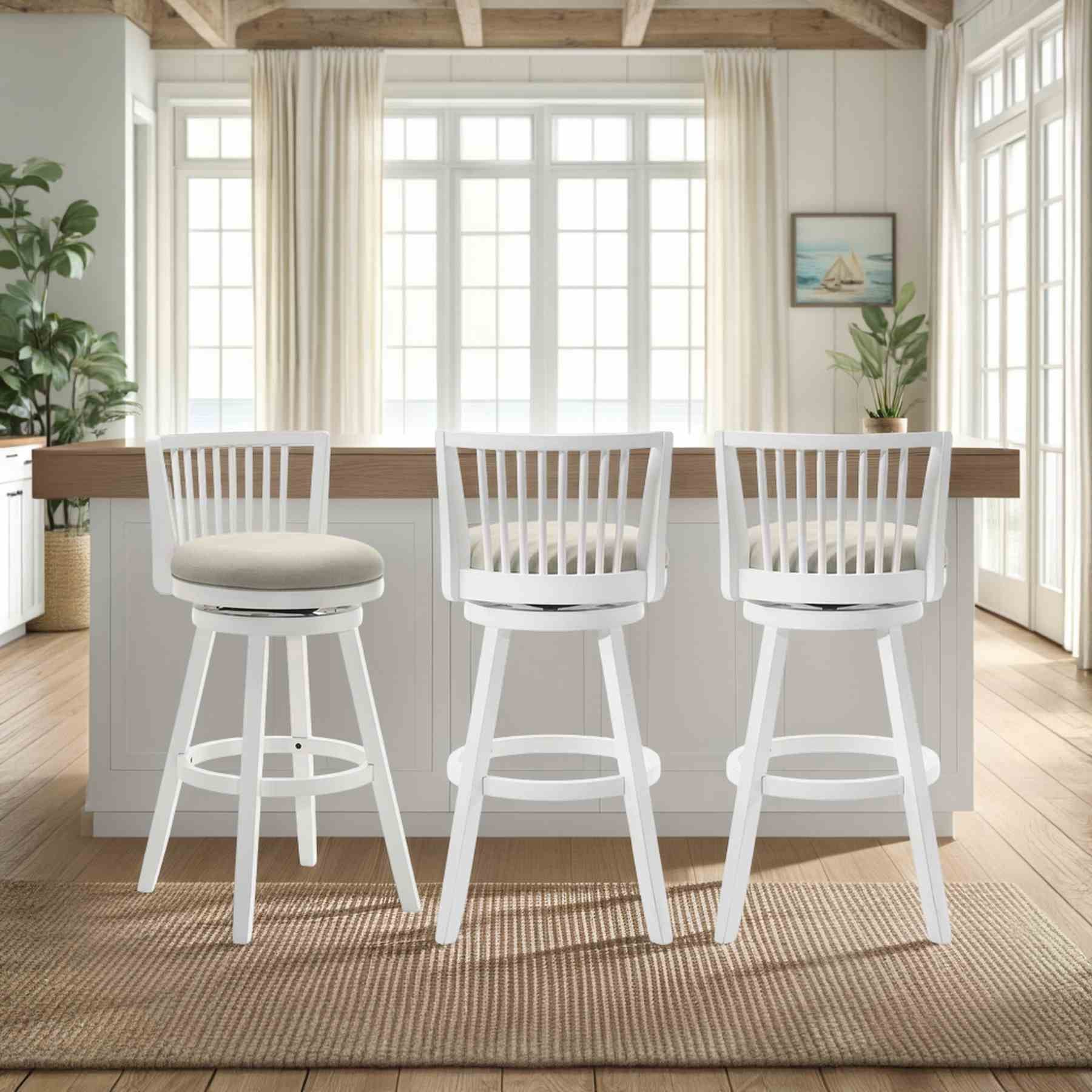 Harper 30 in. Matte White Bar Height Rubberwood Swivel Barstool with Fog Fabric Seat - Image 11