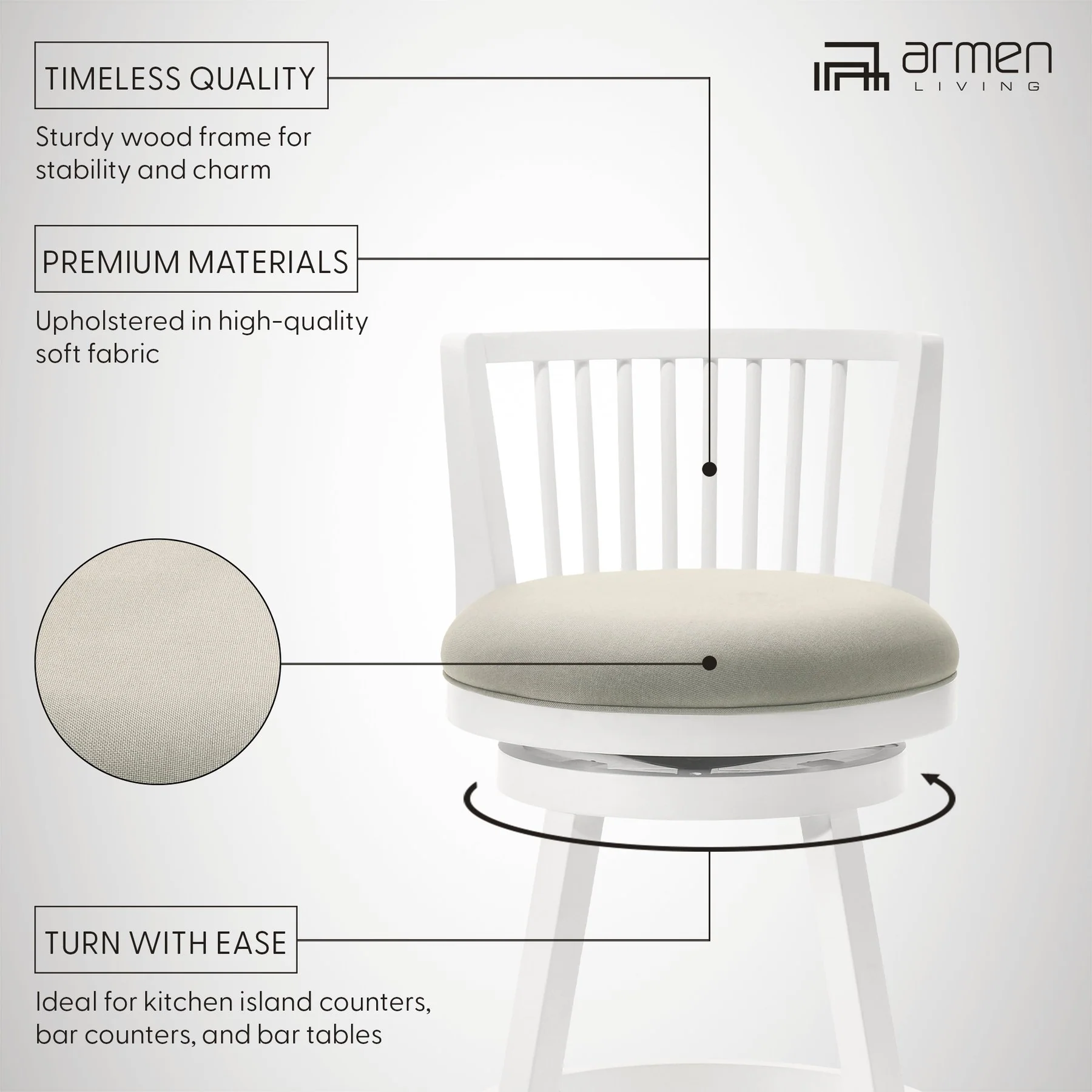 Harper 30 in. Matte White Bar Height Rubberwood Swivel Barstool with Fog Fabric Seat - Image 12