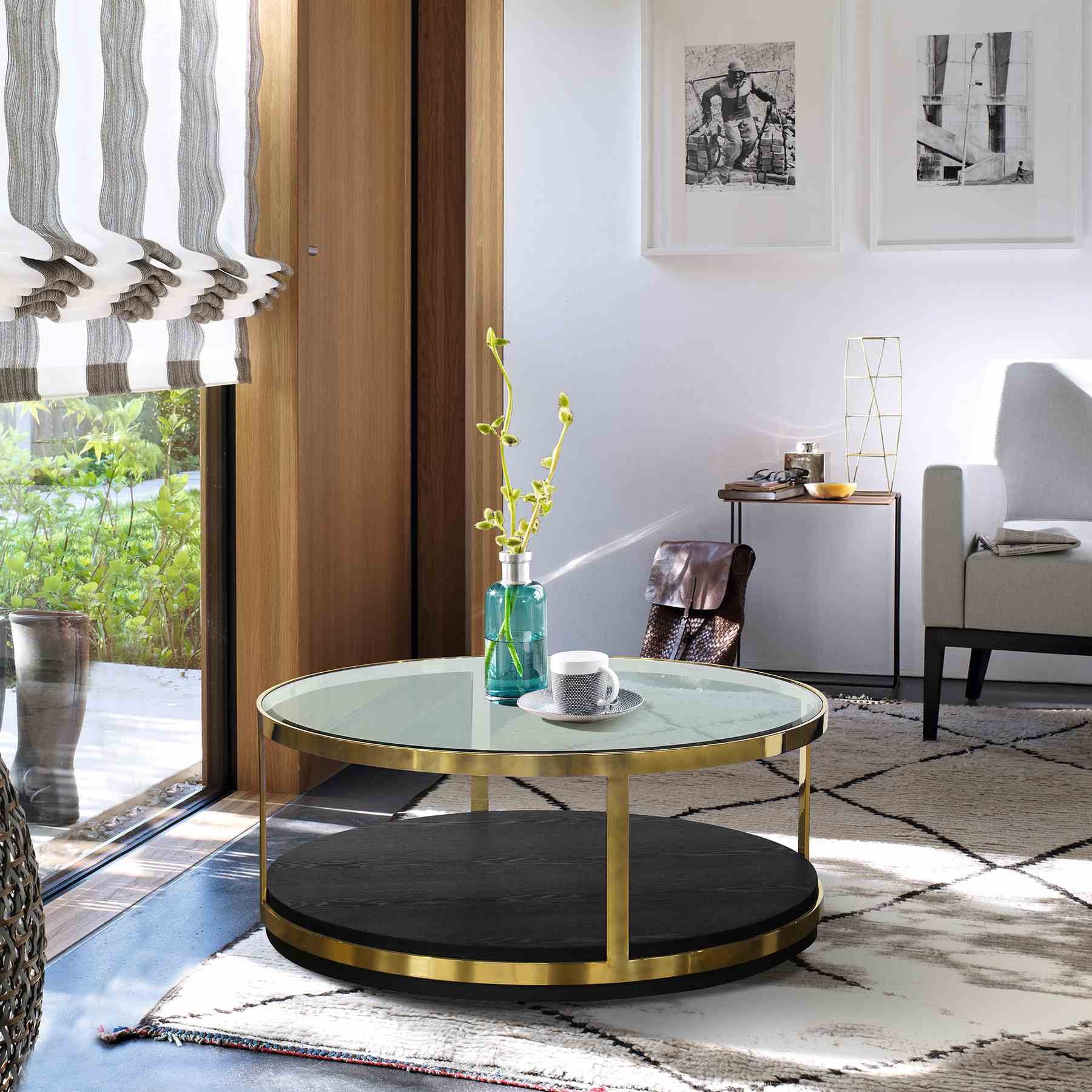 Hattie Contemporary Coffee Table in Brushed Gold Finish and Black Wood - Image 3
