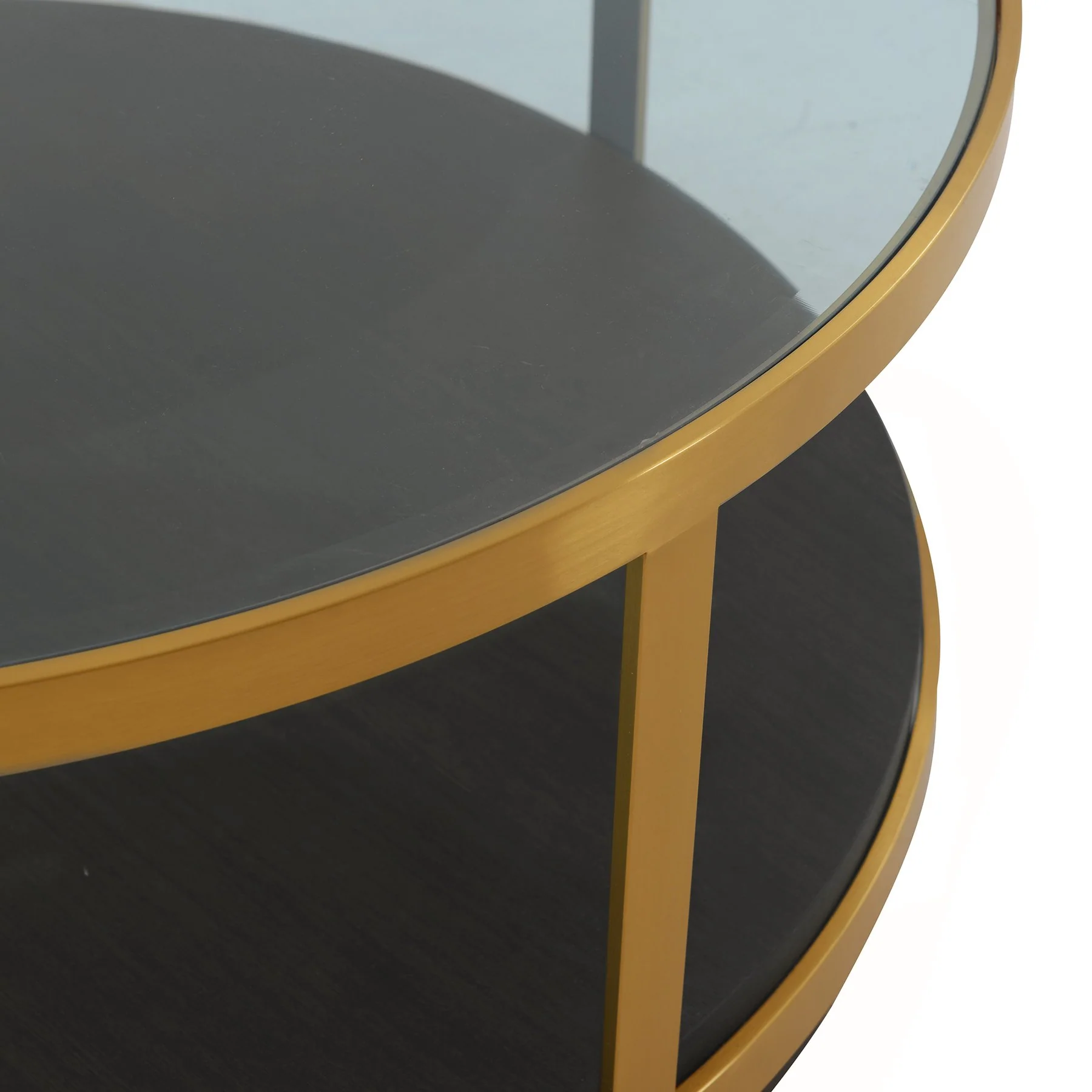 Hattie Glass Top and Walnut Wood Coffee Table with Brushed Gold Frame - Image 3