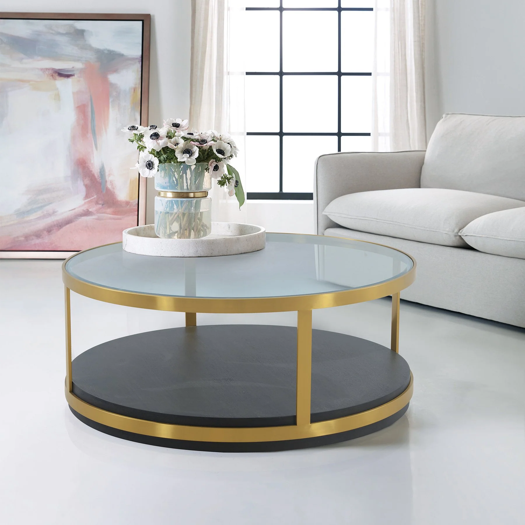 Hattie Glass Top and Walnut Wood Coffee Table with Brushed Gold Frame - Image 6