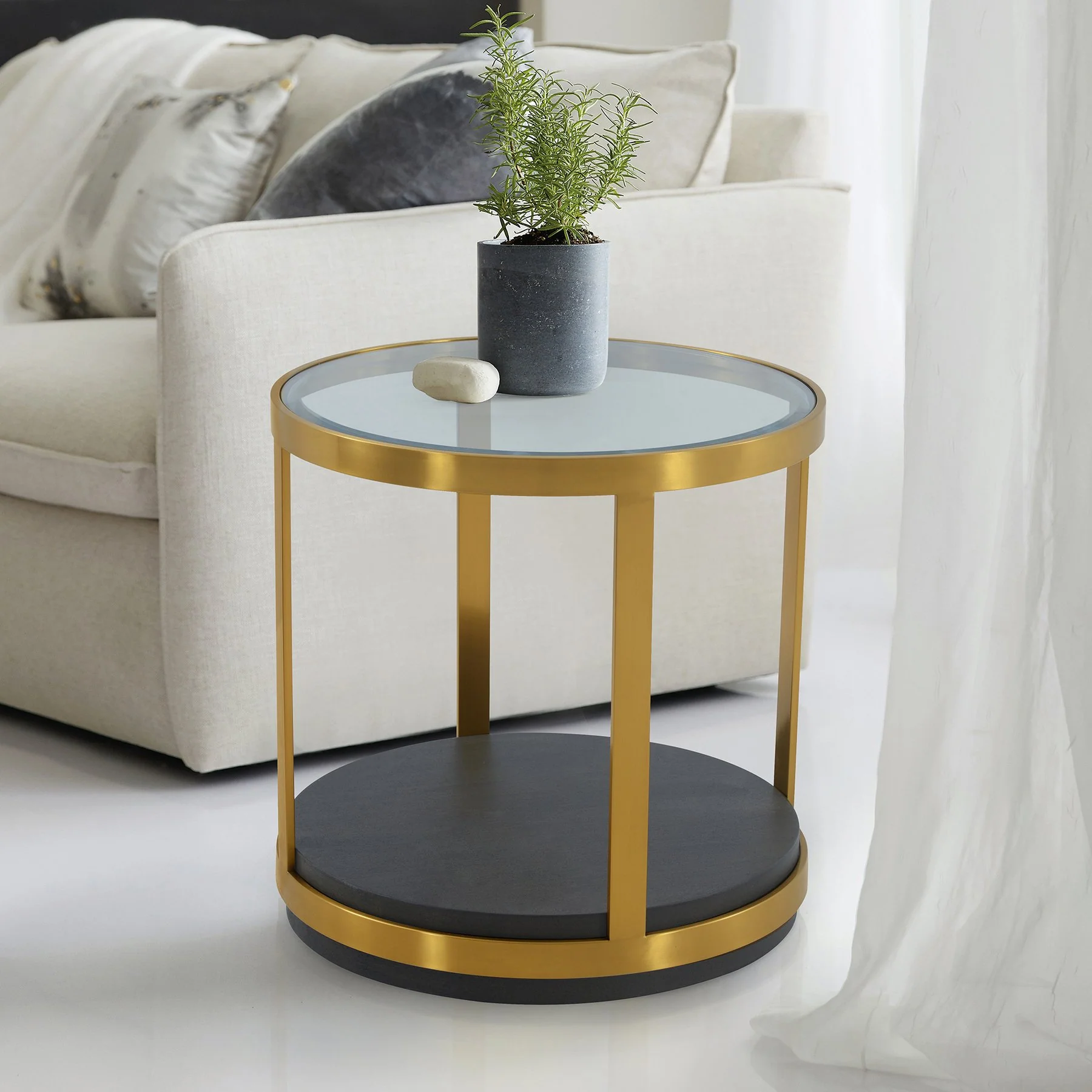 Hattie Glass Top and Walnut Wood End Table with Brushed Gold Frame - Image 5