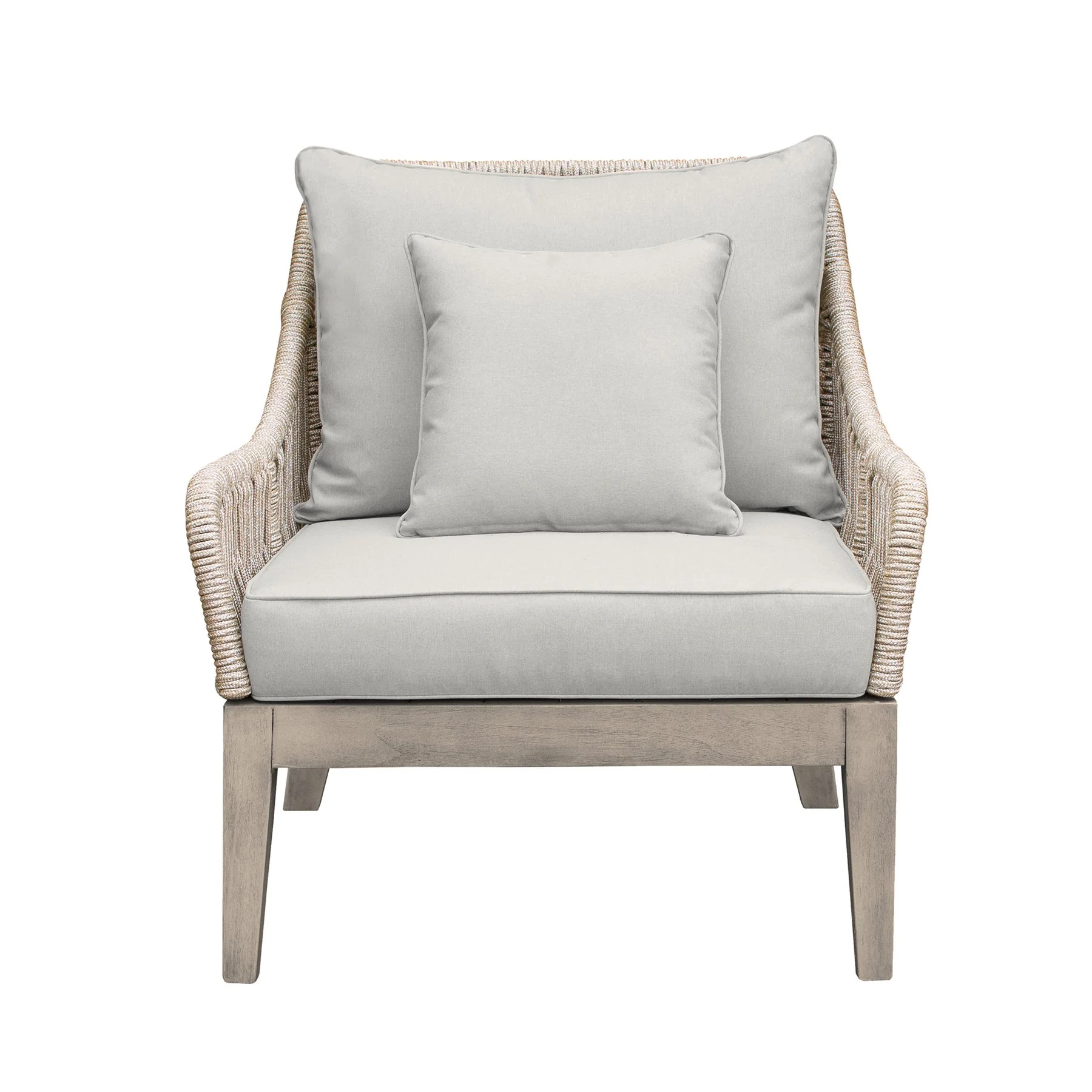 Hawaii 4 Piece Outdoor Patio Furniture Set in Acacia Wood and Rope with Gray Cushions - Image 5