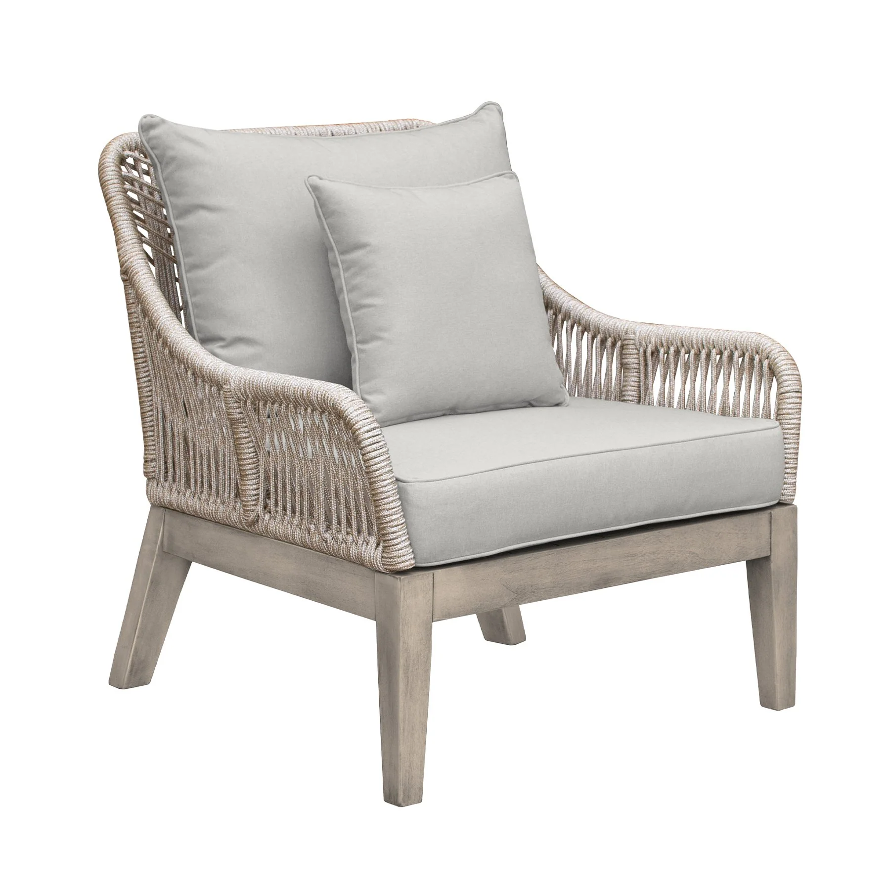 Hawaii 4 Piece Outdoor Patio Furniture Set in Acacia Wood and Rope with Gray Cushions - Image 6
