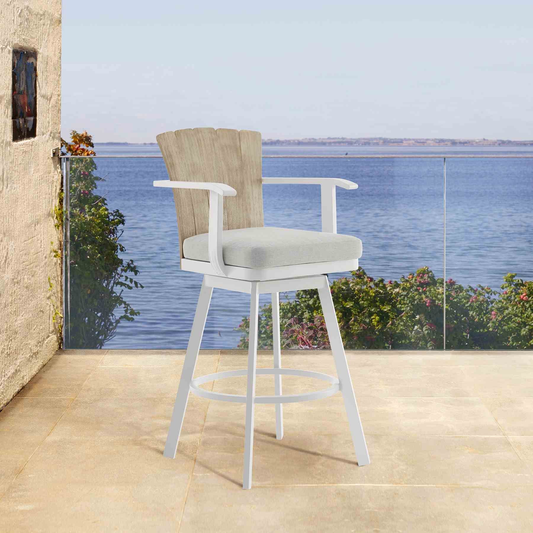 Hazel Outdoor Patio Swivel Bar Stool in Aluminum with Teak Wood and Argent Gray Cushion - Image 10
