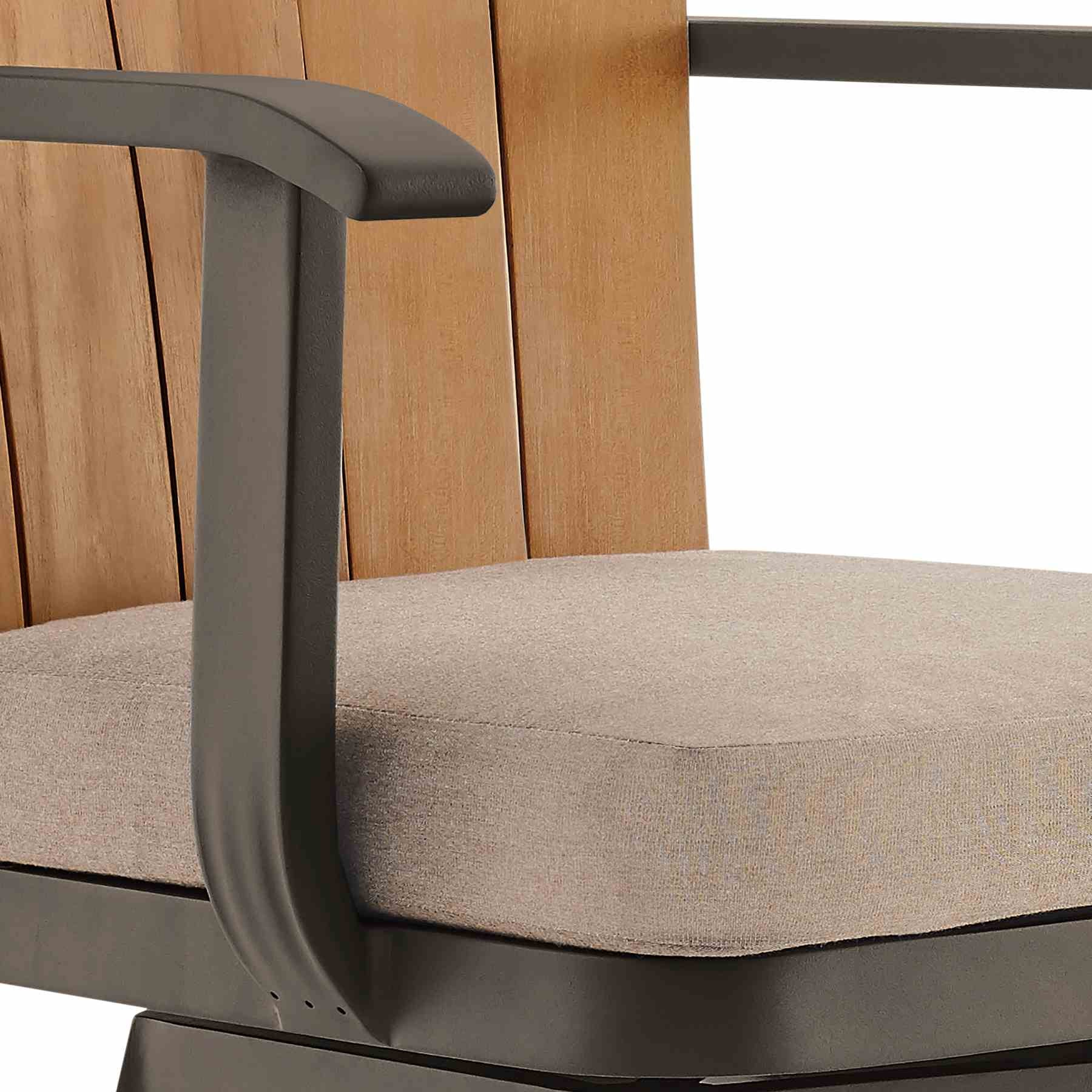 Hazel Outdoor Patio Swivel Bar Stool in Aluminum with Teak Wood and Brown Cushion - Image 6