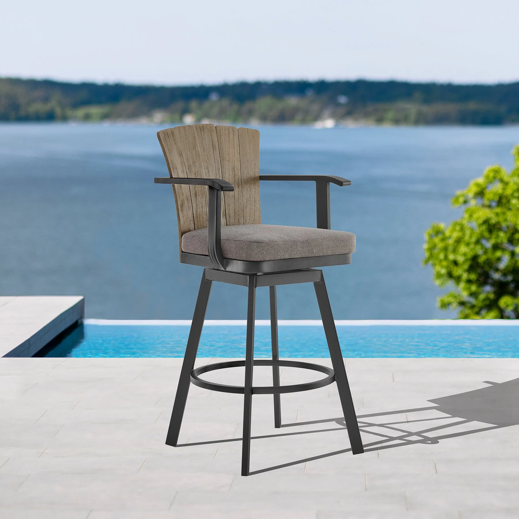 Hazel Outdoor Patio Swivel Bar Stool in Aluminum with Teak Wood and Charcoal Cushion - Image 10