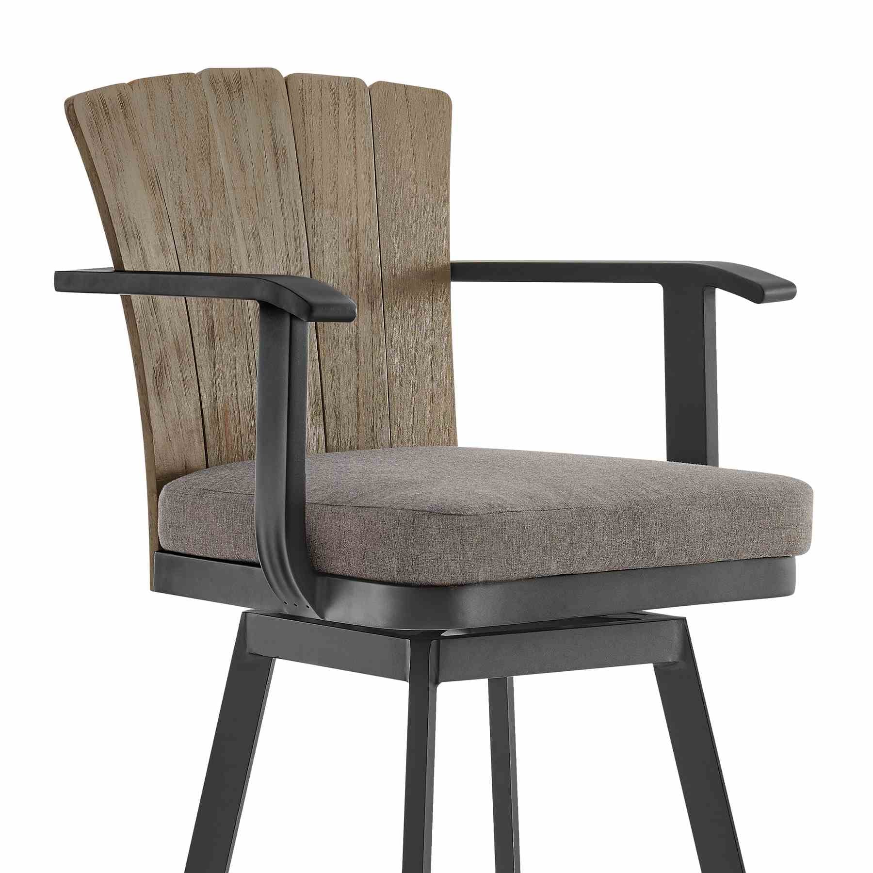 Hazel Outdoor Patio Swivel Bar Stool in Aluminum with Teak Wood and Charcoal Cushion - Image 4