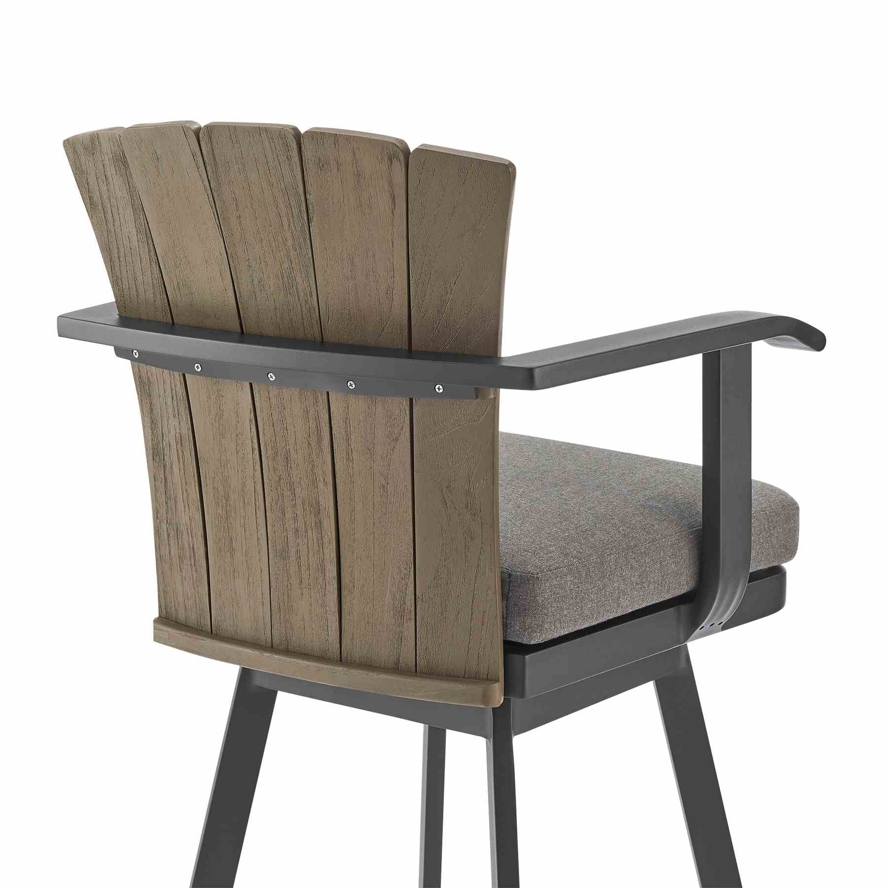 Hazel Outdoor Patio Swivel Bar Stool in Aluminum with Teak Wood and Charcoal Cushion - Image 5
