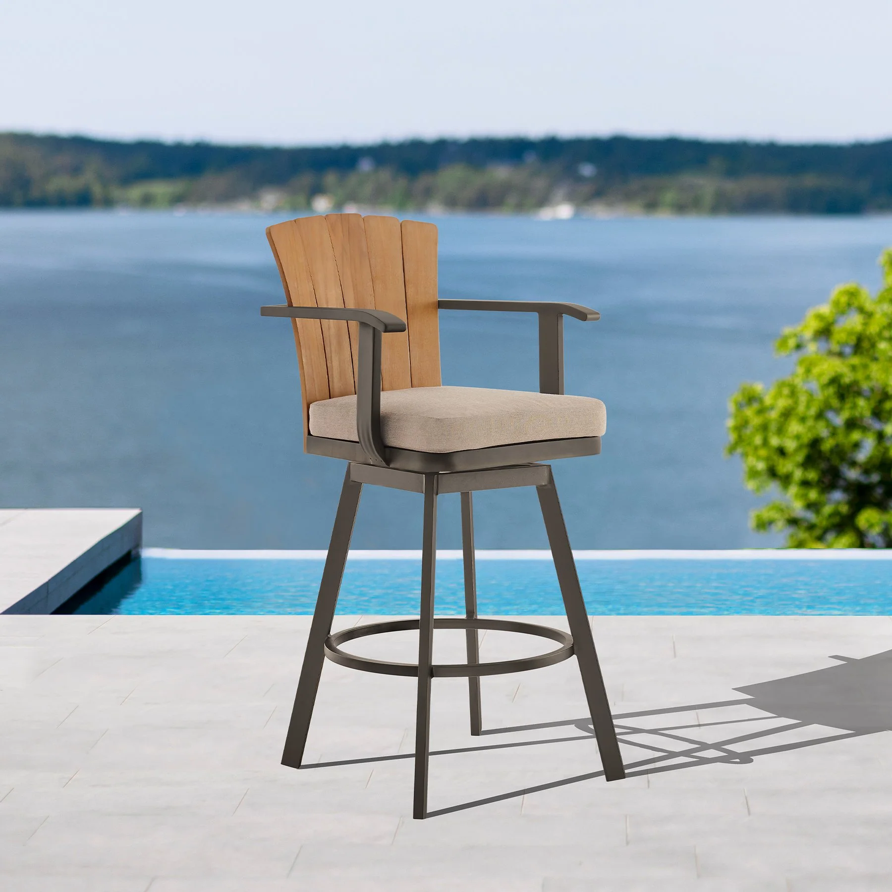 Hazel Outdoor Patio Swivel Counter Stool in Aluminum with Teak Wood and Brown Cushion - Image 10