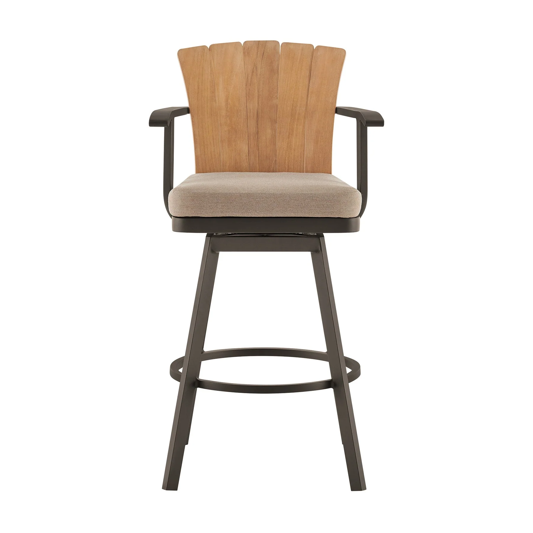 Hazel Outdoor Patio Swivel Counter Stool in Aluminum with Teak Wood and Brown Cushion - Image 2