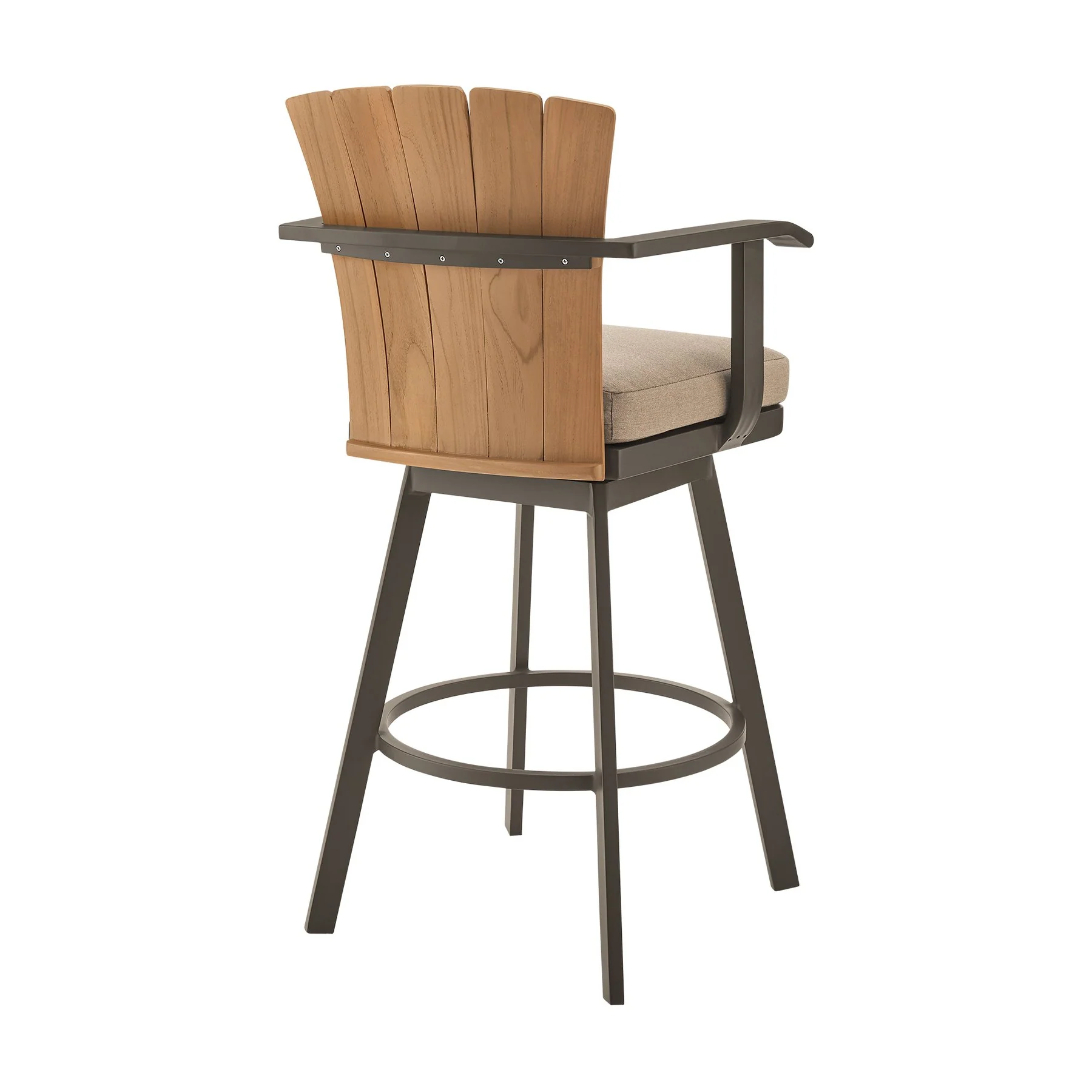 Hazel Outdoor Patio Swivel Counter Stool in Aluminum with Teak Wood and Brown Cushion - Image 3